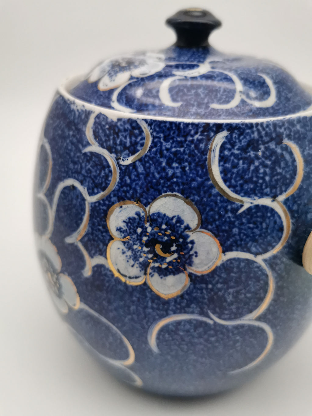 Blue and White Porcelain Biscuit Barrel/ Ginger Jar with Wicker Handle – Gilded Plum Blossom Design