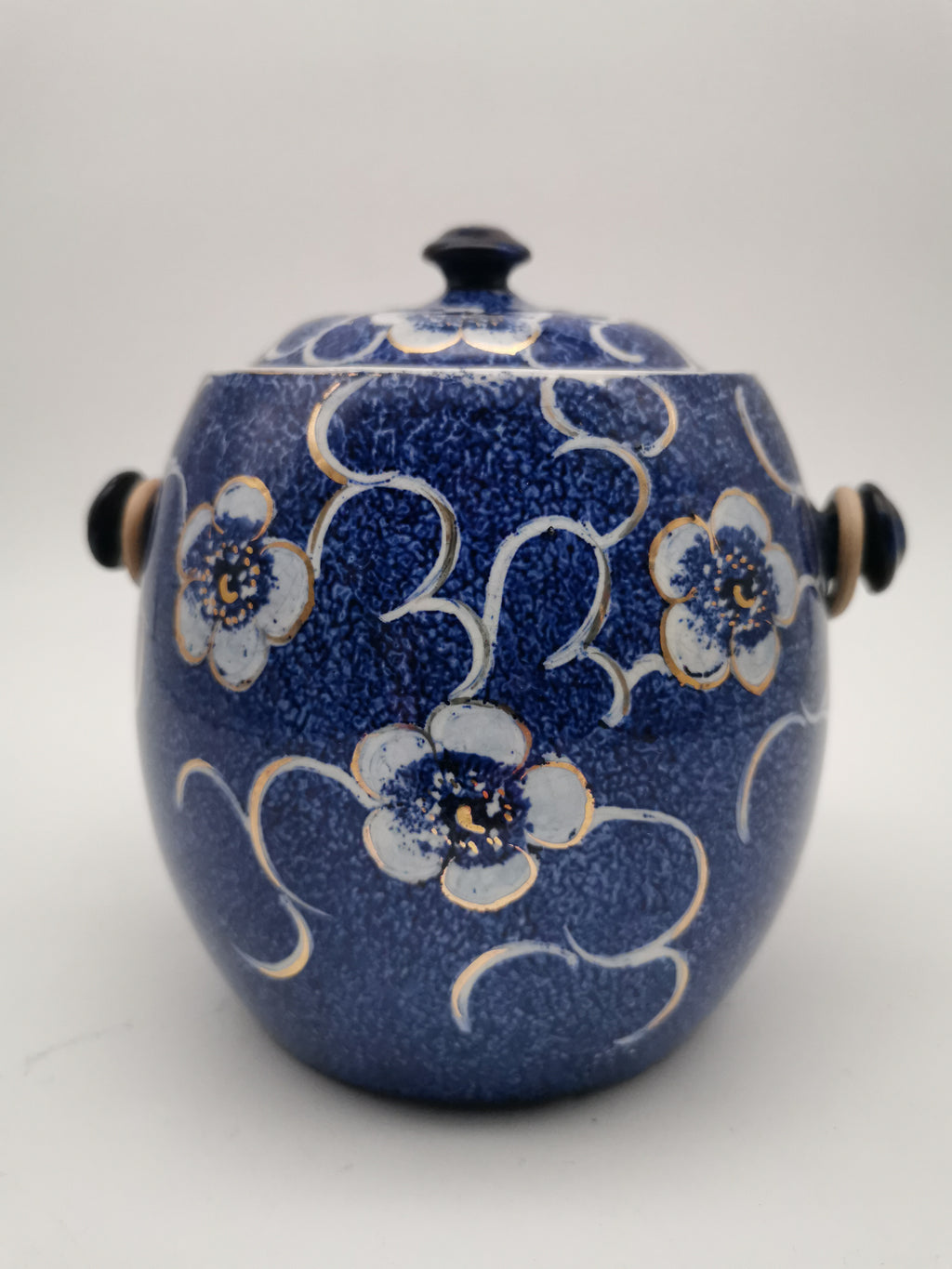 Blue and White Porcelain Biscuit Barrel/ Ginger Jar with Wicker Handle – Gilded Plum Blossom Design