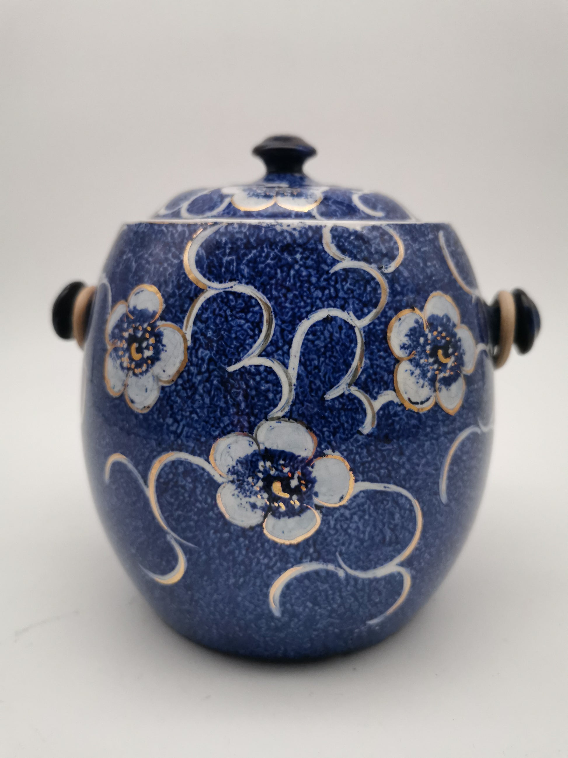 Blue and White Porcelain Biscuit Barrel/ Ginger Jar with Wicker Handle – Gilded Plum Blossom Design