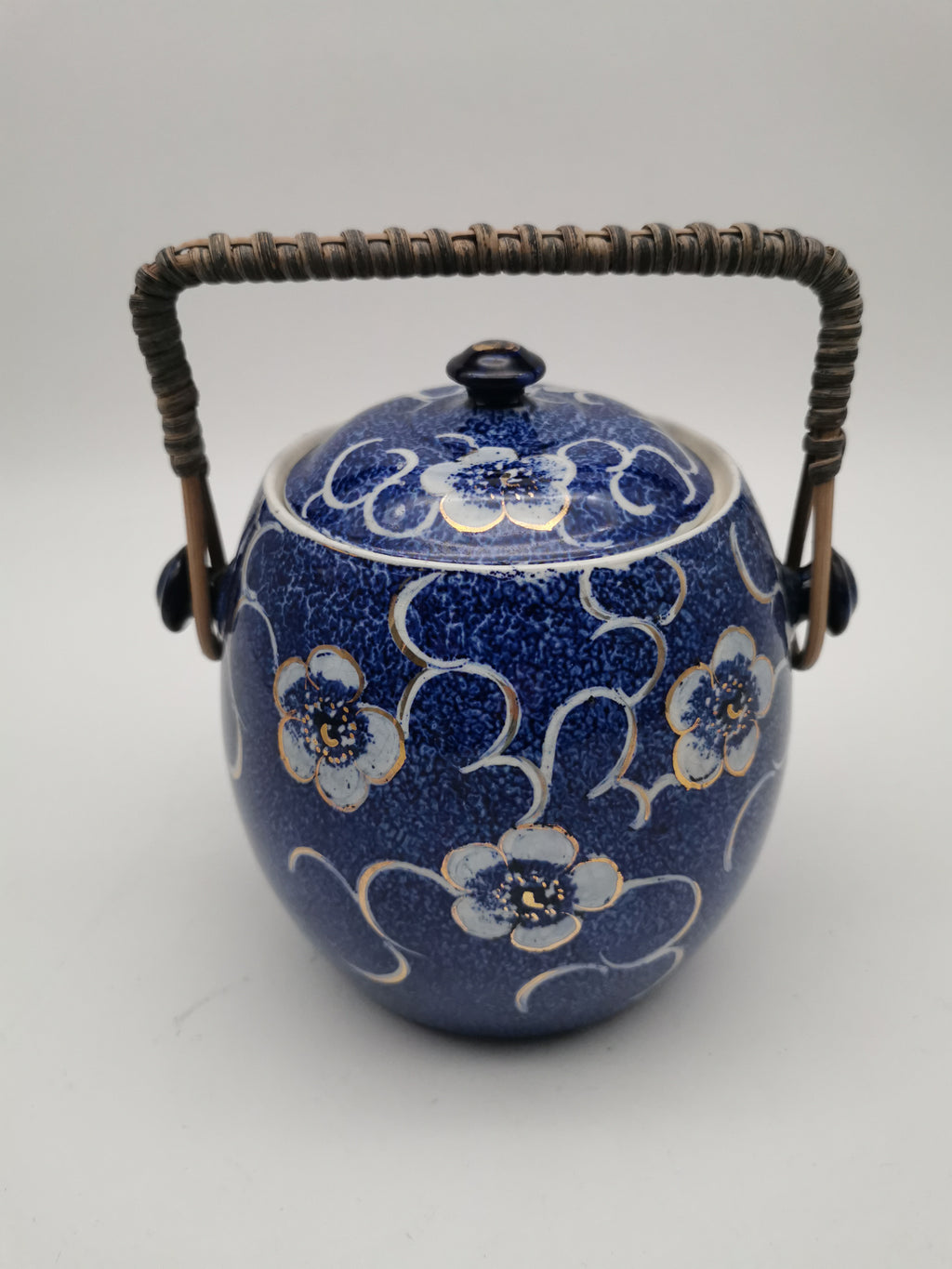 Blue and White Porcelain Biscuit Barrel/ Ginger Jar with Wicker Handle – Gilded Plum Blossom Design