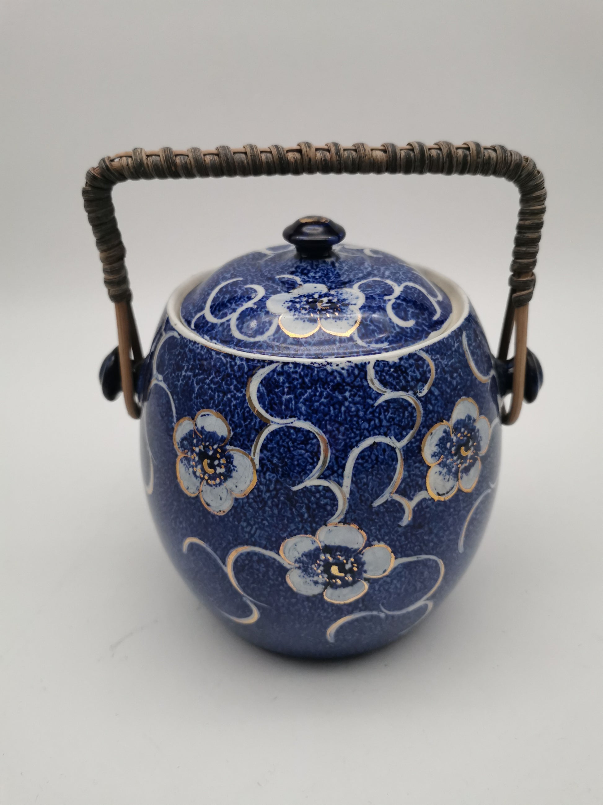 Blue and White Porcelain Biscuit Barrel/ Ginger Jar with Wicker Handle – Gilded Plum Blossom Design
