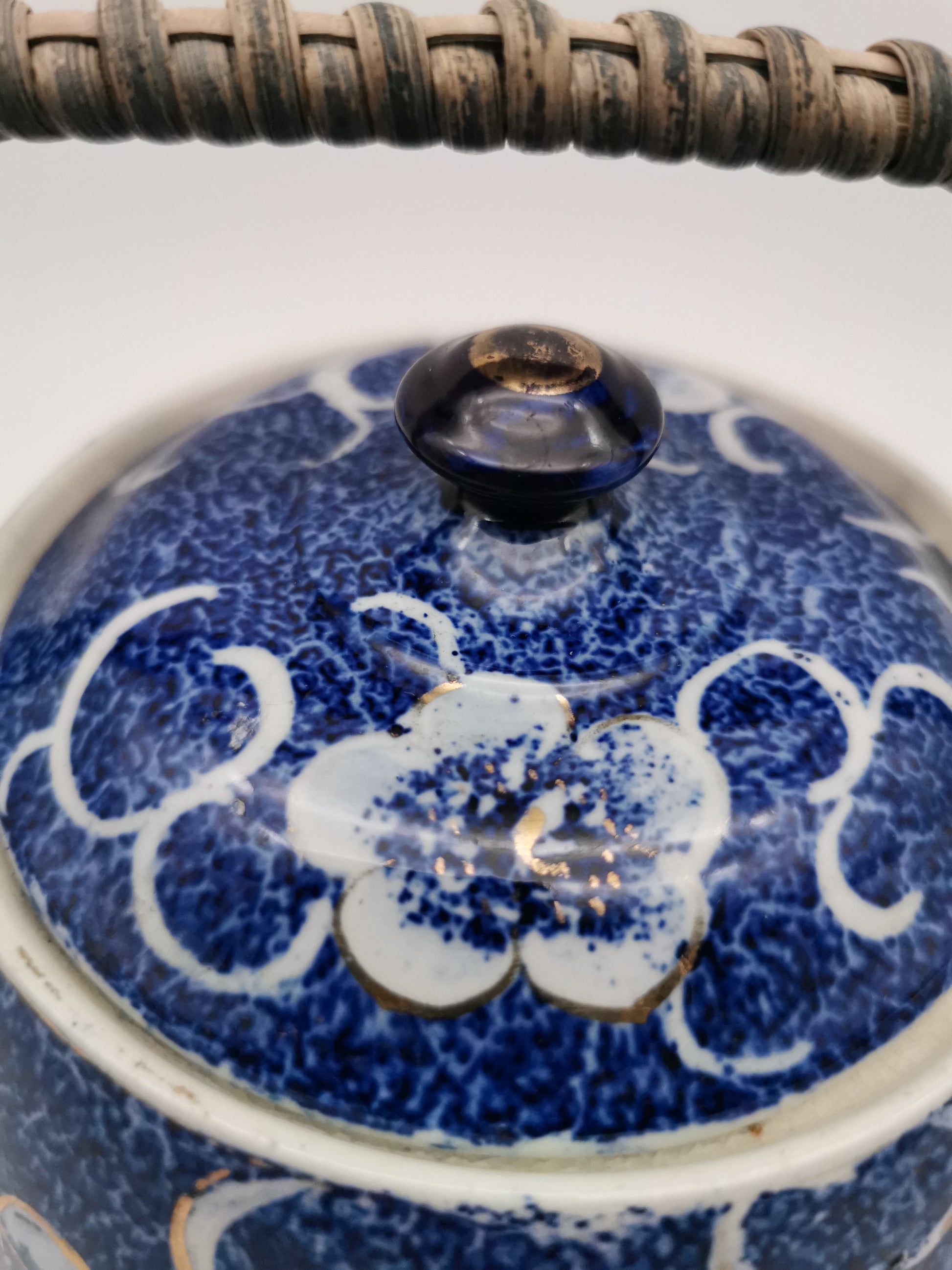 Blue and White Porcelain Biscuit Barrel/ Ginger Jar with Wicker Handle – Gilded Plum Blossom Design