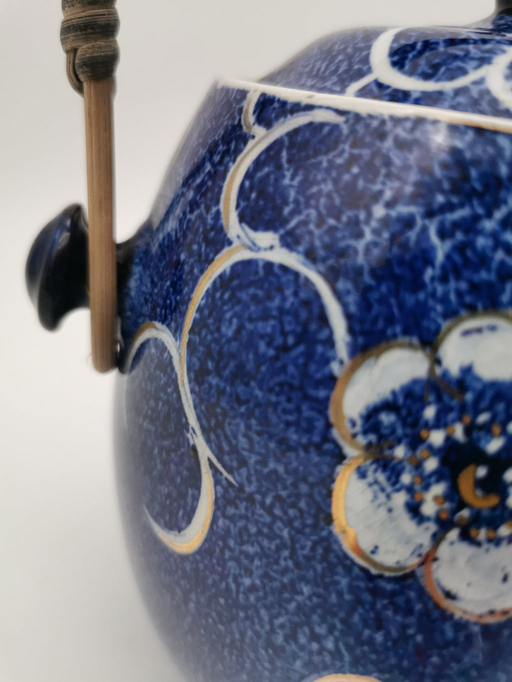 Blue and White Porcelain Biscuit Barrel/ Ginger Jar with Wicker Handle – Gilded Plum Blossom Design