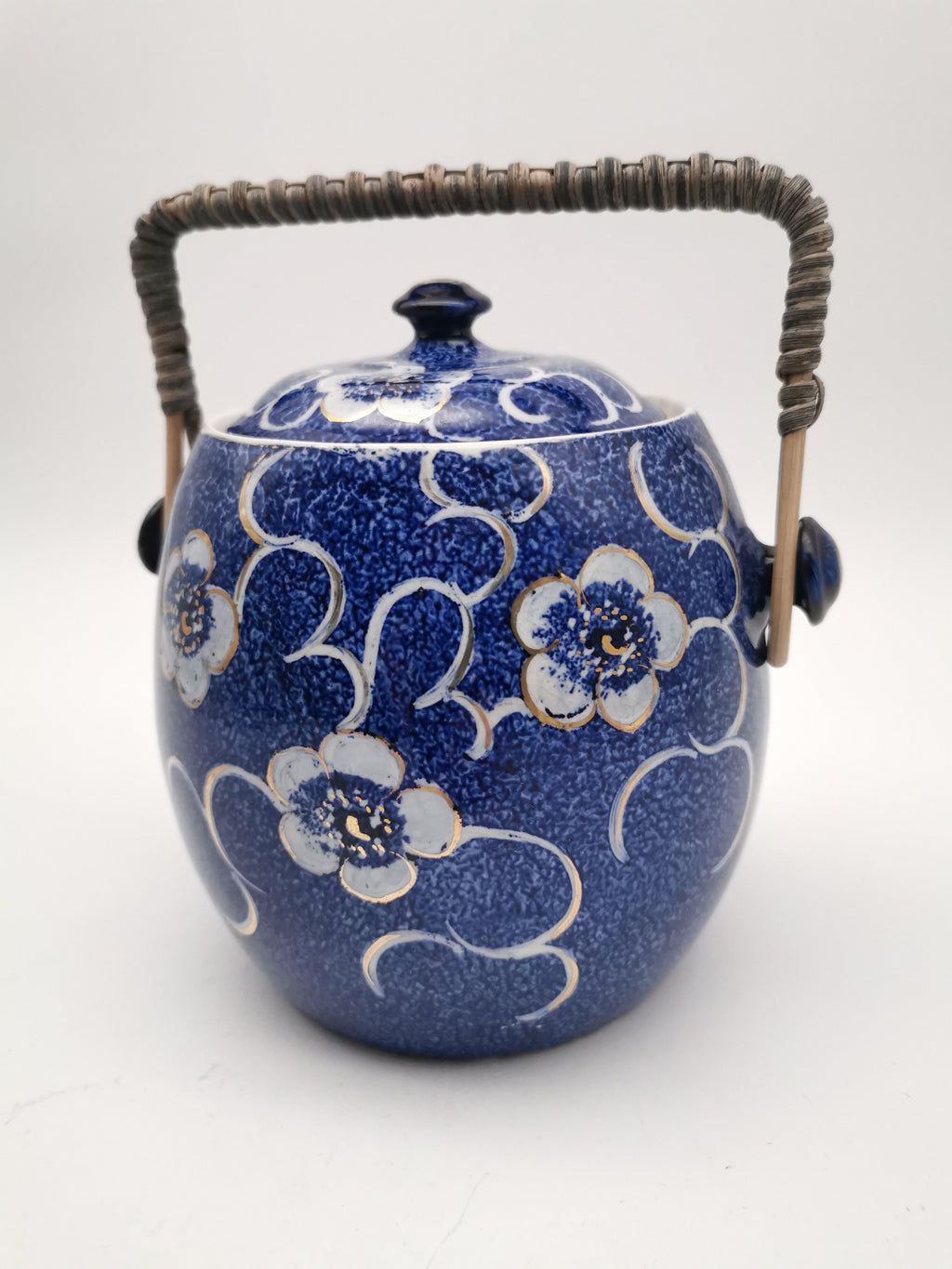 Blue and White Porcelain Biscuit Barrel/ Ginger Jar with Wicker Handle – Gilded Plum Blossom Design