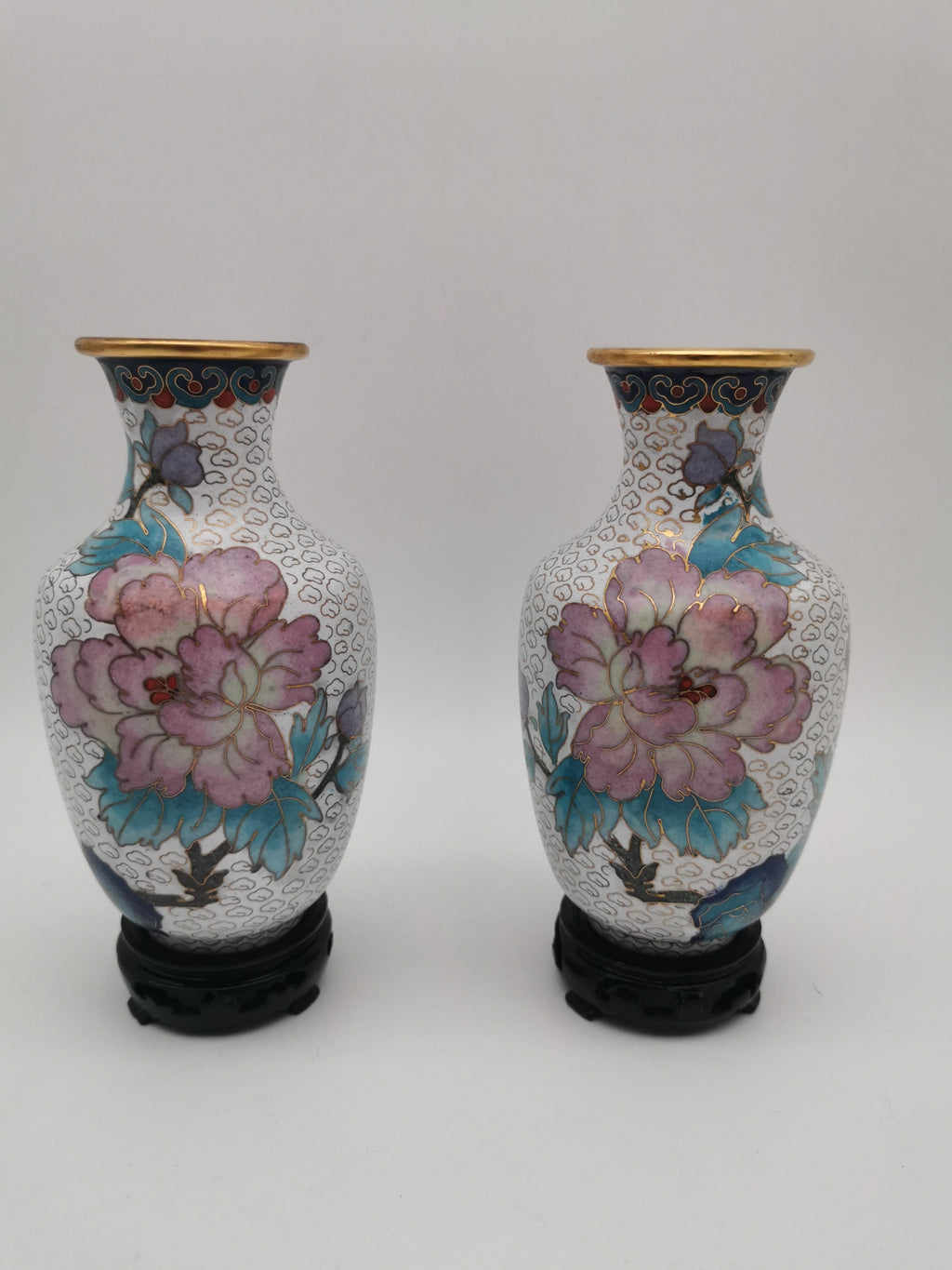 Mirror Pair 15cm Vintage Chinese Cloisonné Vases – Birds, Peonies and Magnolias