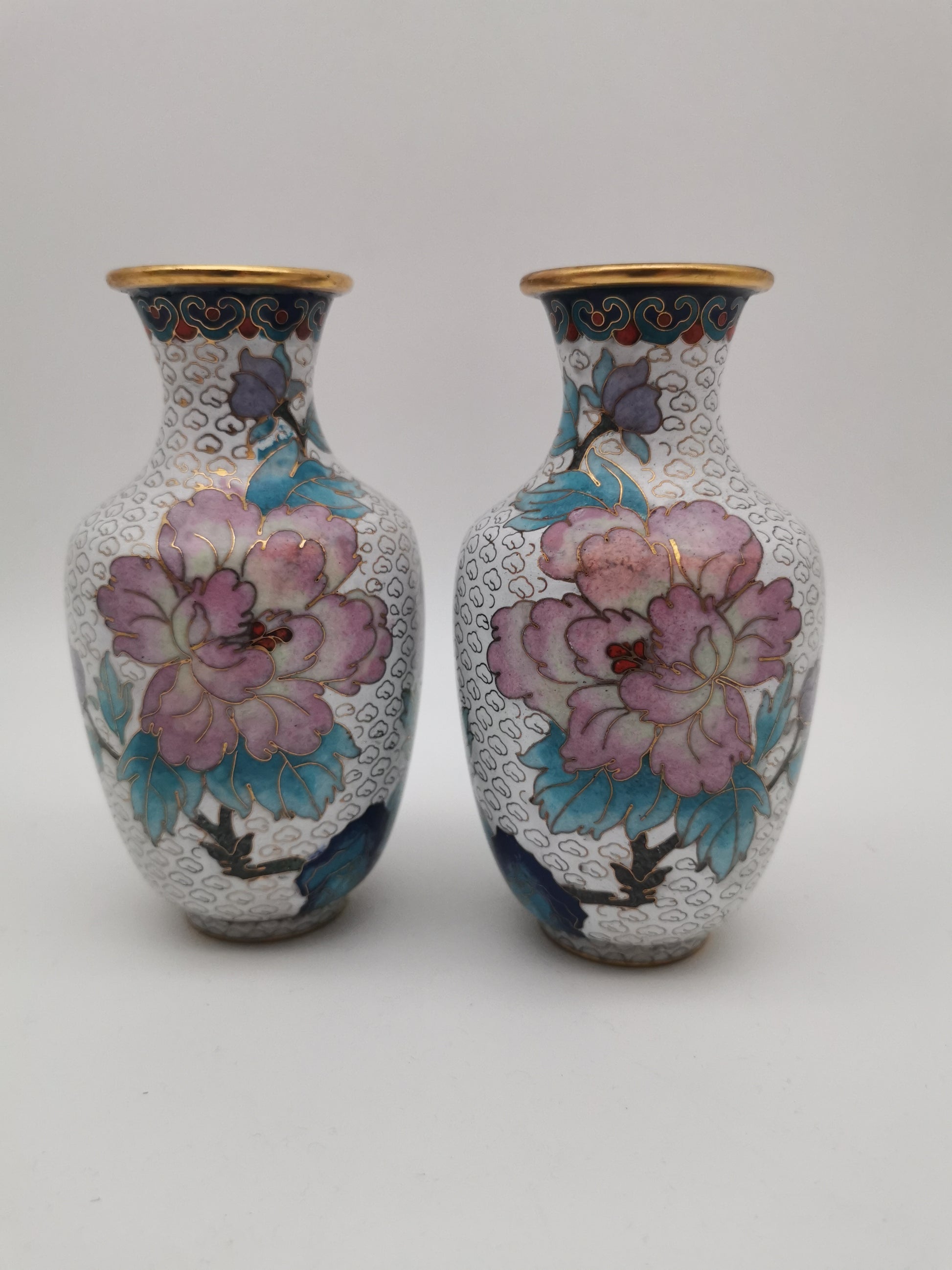 Mirror Pair 15cm Vintage Chinese Cloisonné Vases – Birds, Peonies and Magnolias