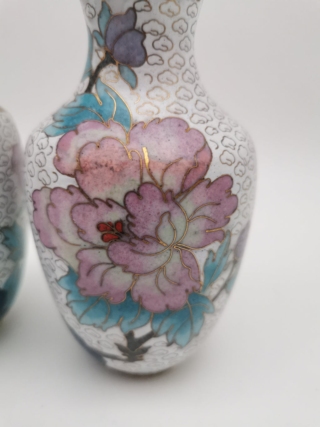 Mirror Pair 15cm Vintage Chinese Cloisonné Vases – Birds, Peonies and Magnolias