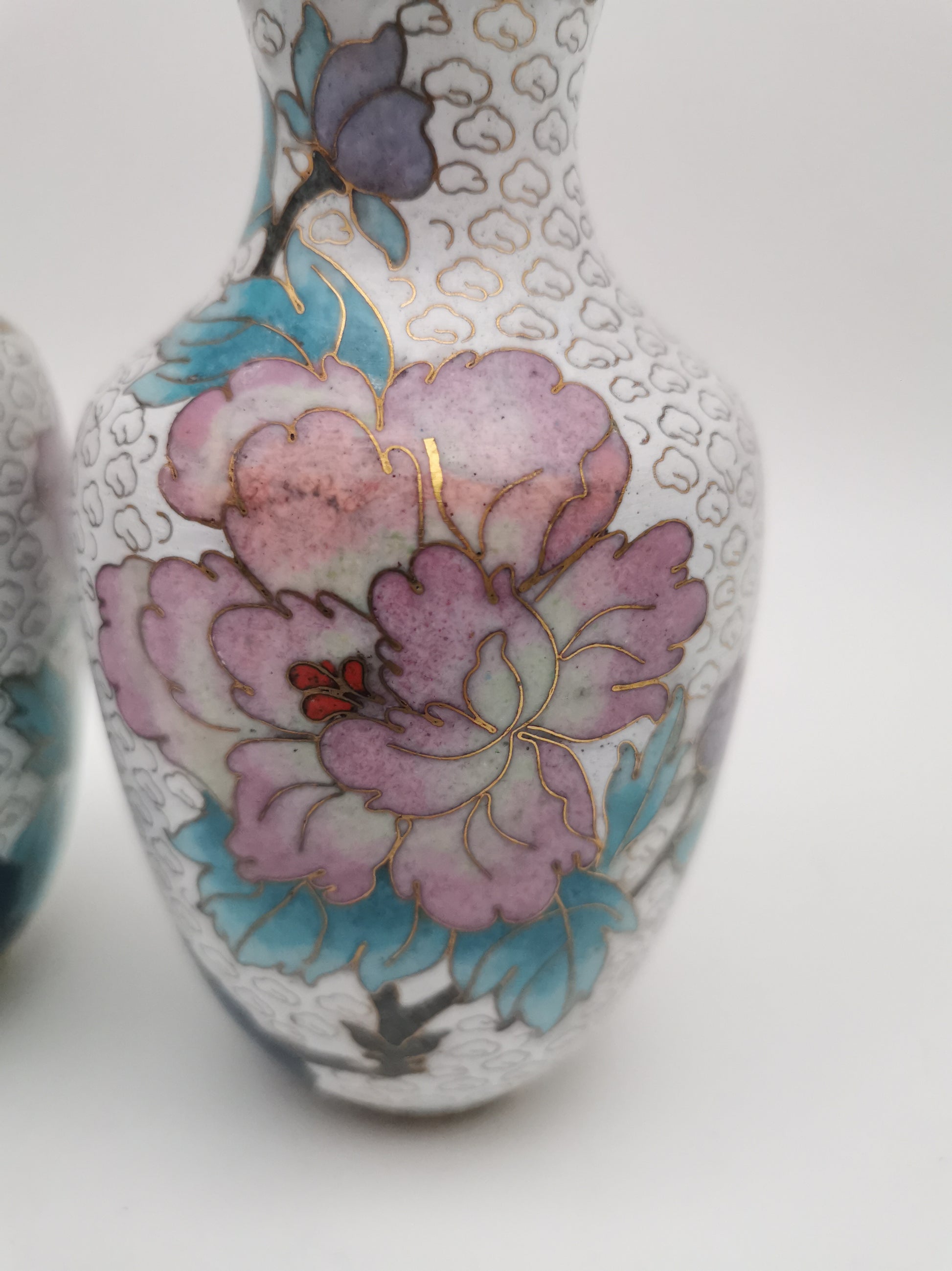 Mirror Pair 15cm Vintage Chinese Cloisonné Vases – Birds, Peonies and Magnolias