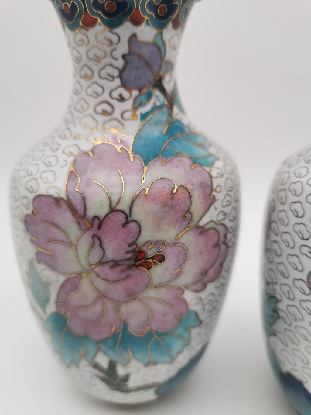 Mirror Pair 15cm Vintage Chinese Cloisonné Vases – Birds, Peonies and Magnolias