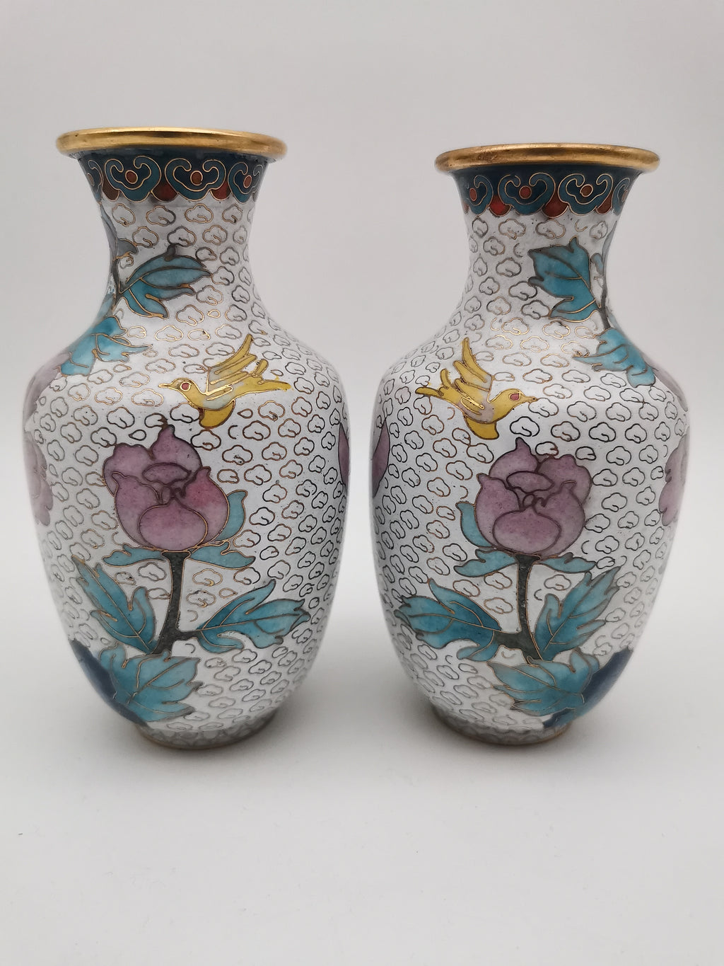 Mirror Pair 15cm Vintage Chinese Cloisonné Vases – Birds, Peonies and Magnolias