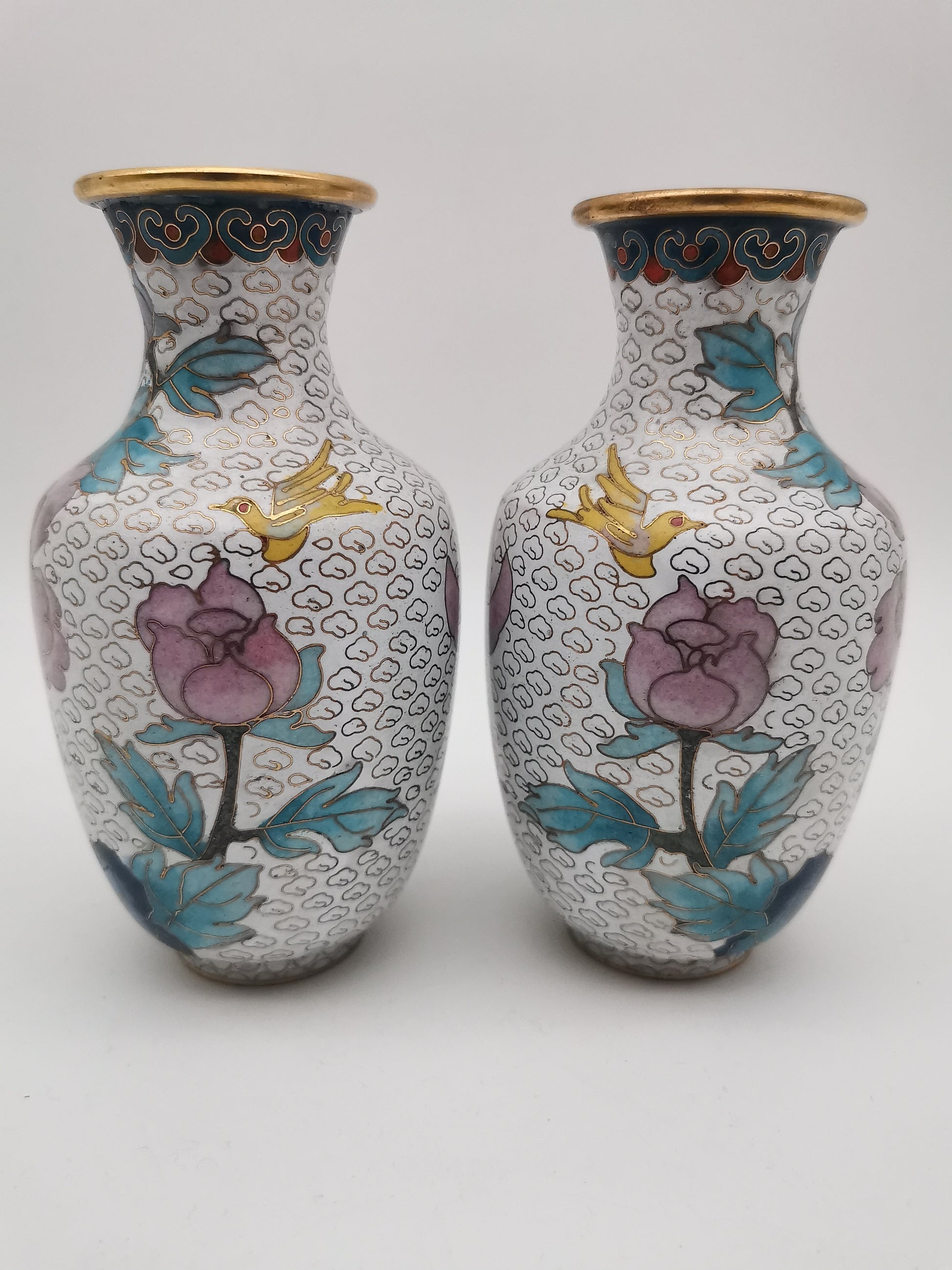 Mirror Pair 15cm Vintage Chinese Cloisonné Vases – Birds, Peonies and Magnolias