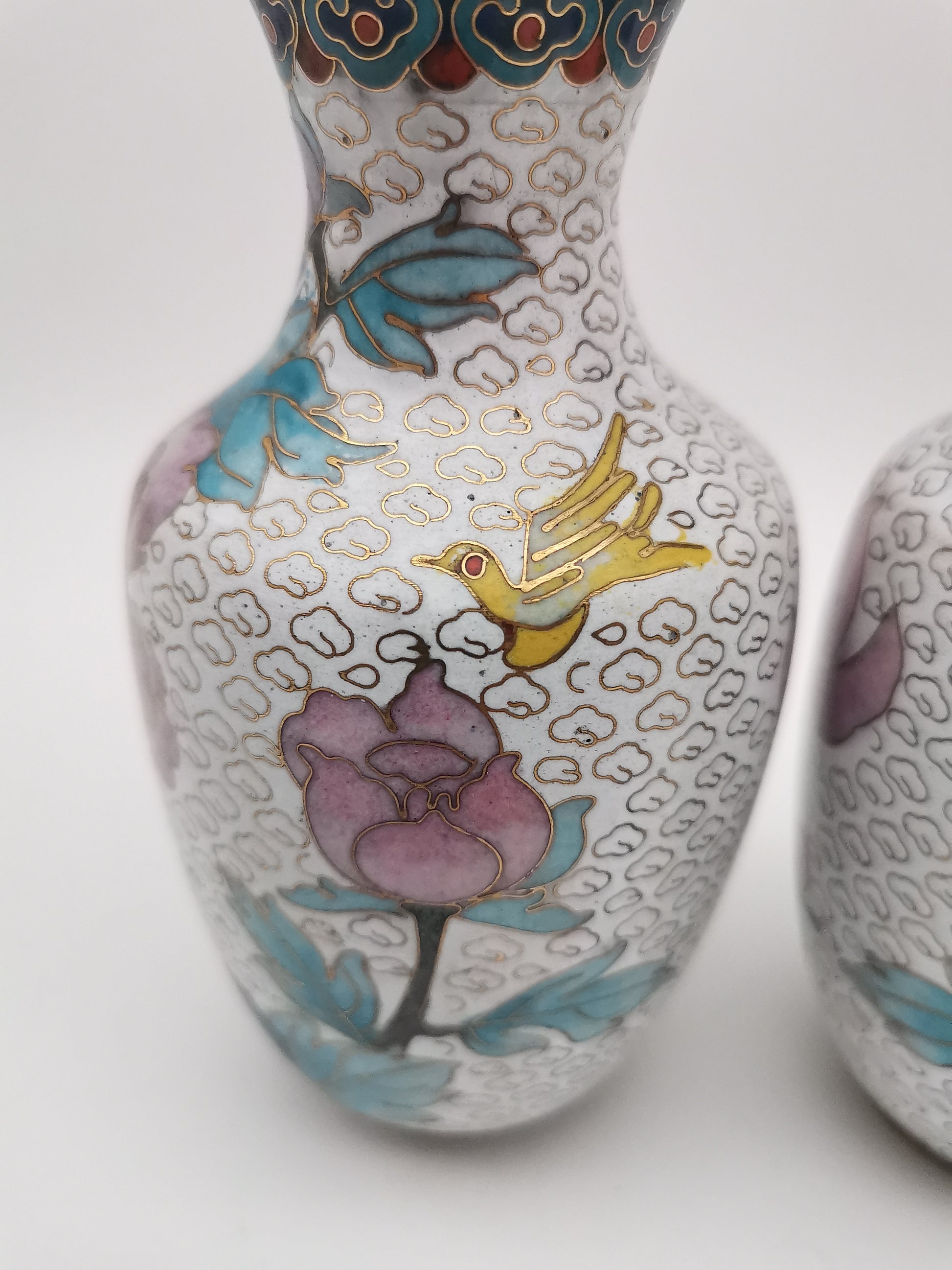 Mirror Pair 15cm Vintage Chinese Cloisonné Vases – Birds, Peonies and Magnolias