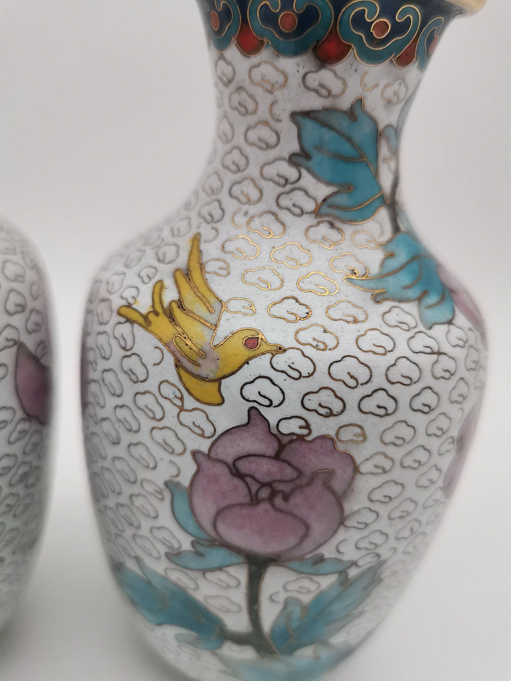 Mirror Pair 15cm Vintage Chinese Cloisonné Vases – Birds, Peonies and Magnolias