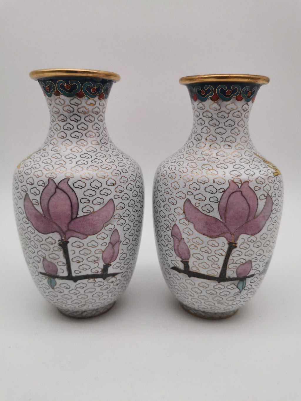 Mirror Pair 15cm Vintage Chinese Cloisonné Vases – Birds, Peonies and Magnolias