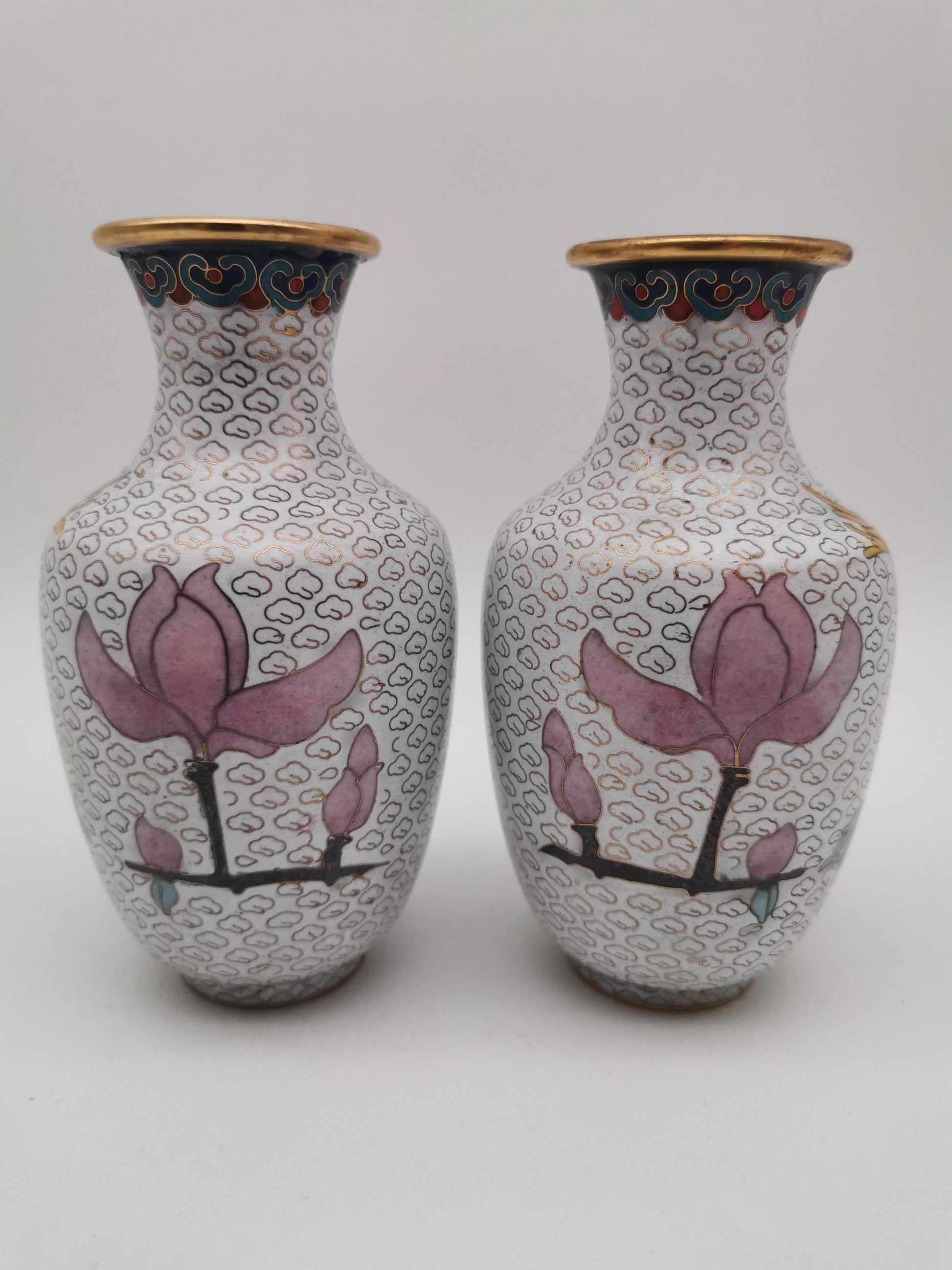 Mirror Pair 15cm Vintage Chinese Cloisonné Vases – Birds, Peonies and Magnolias