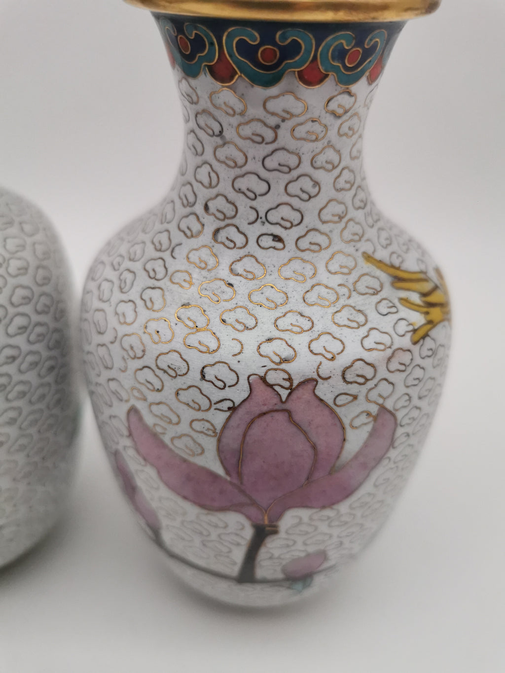 Mirror Pair 15cm Vintage Chinese Cloisonné Vases – Birds, Peonies and Magnolias