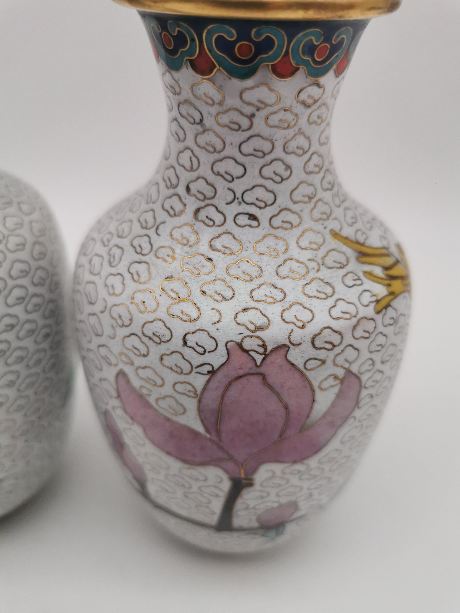 Mirror Pair 15cm Vintage Chinese Cloisonné Vases – Birds, Peonies and Magnolias