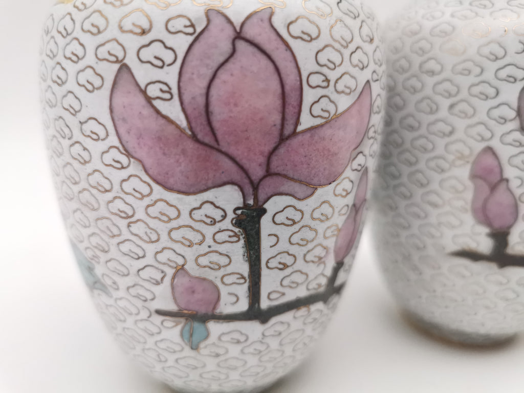 Mirror Pair 15cm Vintage Chinese Cloisonné Vases – Birds, Peonies and Magnolias