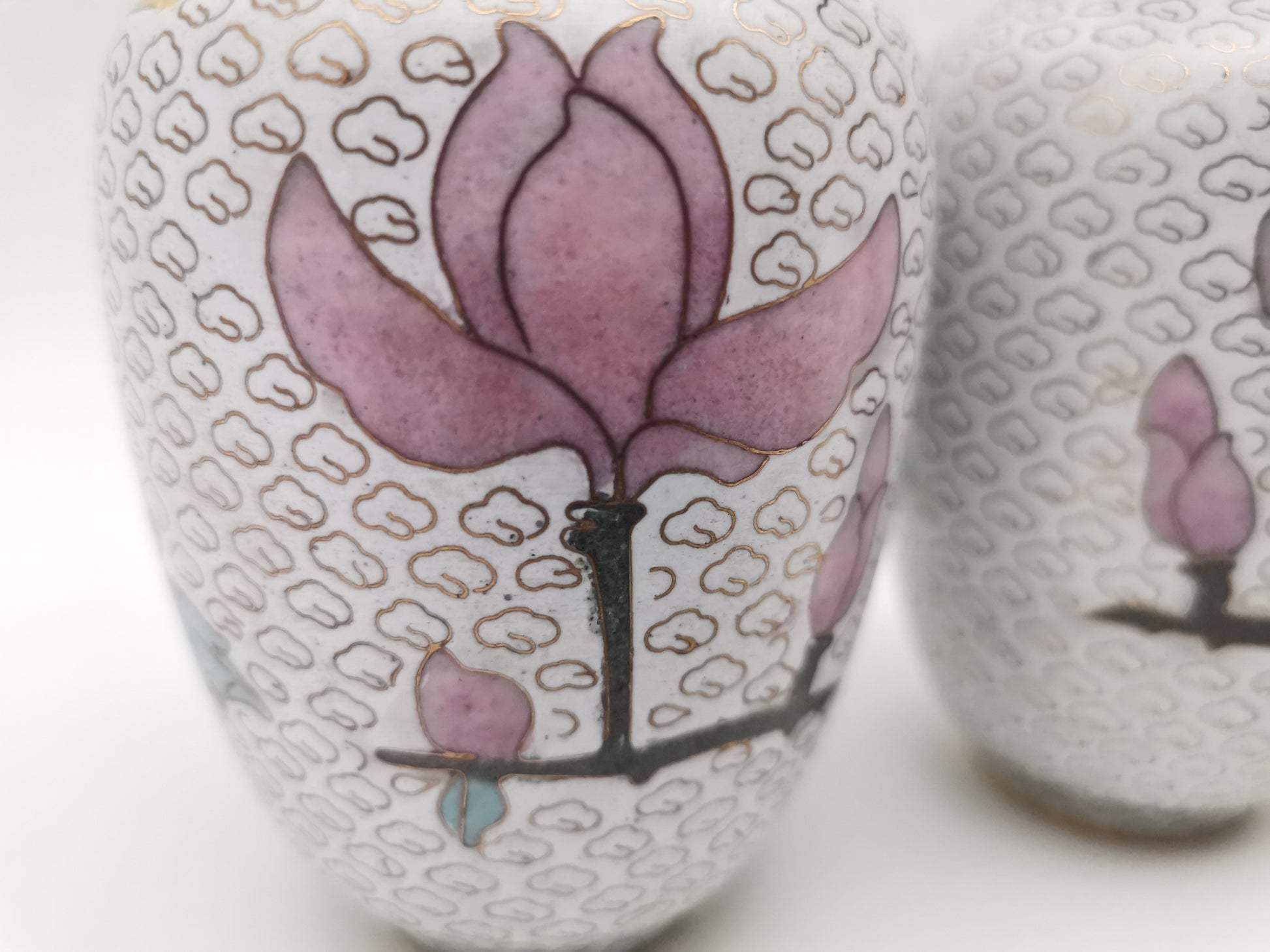 Mirror Pair 15cm Vintage Chinese Cloisonné Vases – Birds, Peonies and Magnolias