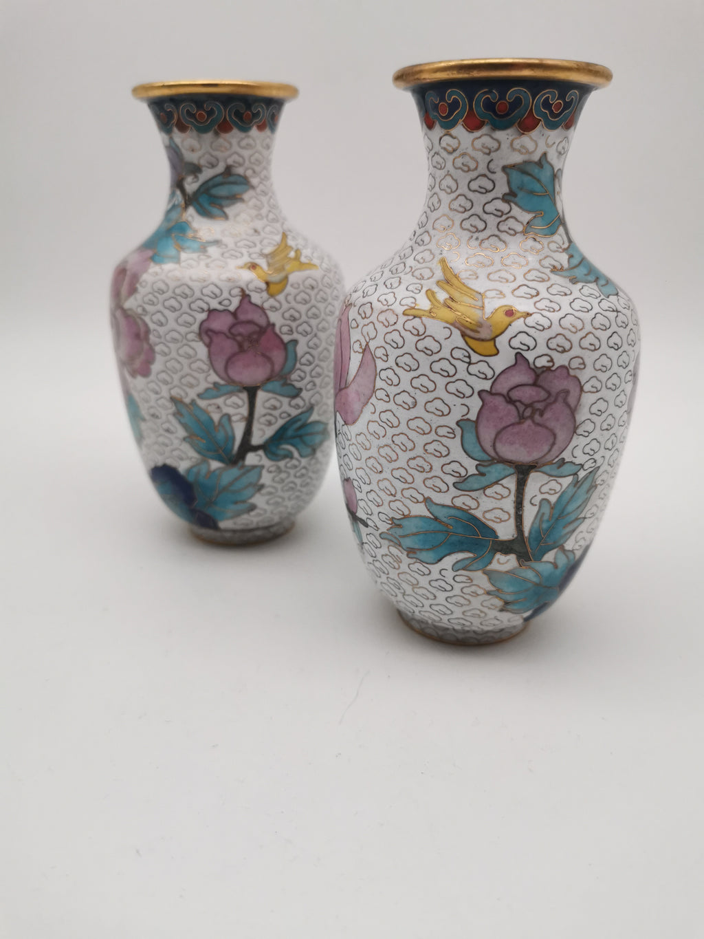 Mirror Pair 15cm Vintage Chinese Cloisonné Vases – Birds, Peonies and Magnolias