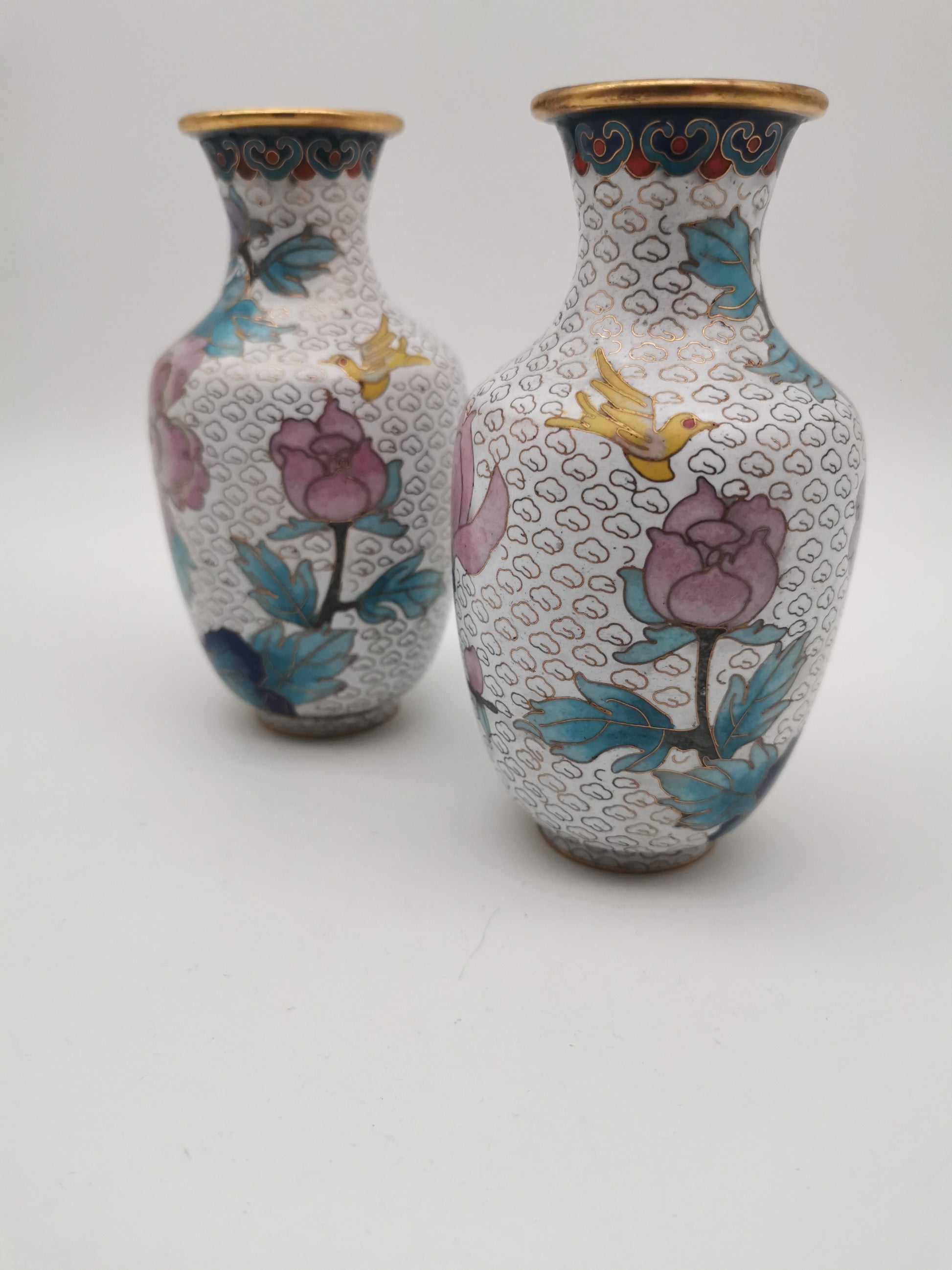 Mirror Pair 15cm Vintage Chinese Cloisonné Vases – Birds, Peonies and Magnolias