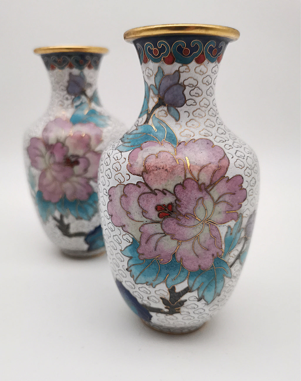 Mirror Pair 15cm Vintage Chinese Cloisonné Vases – Birds, Peonies and Magnolias
