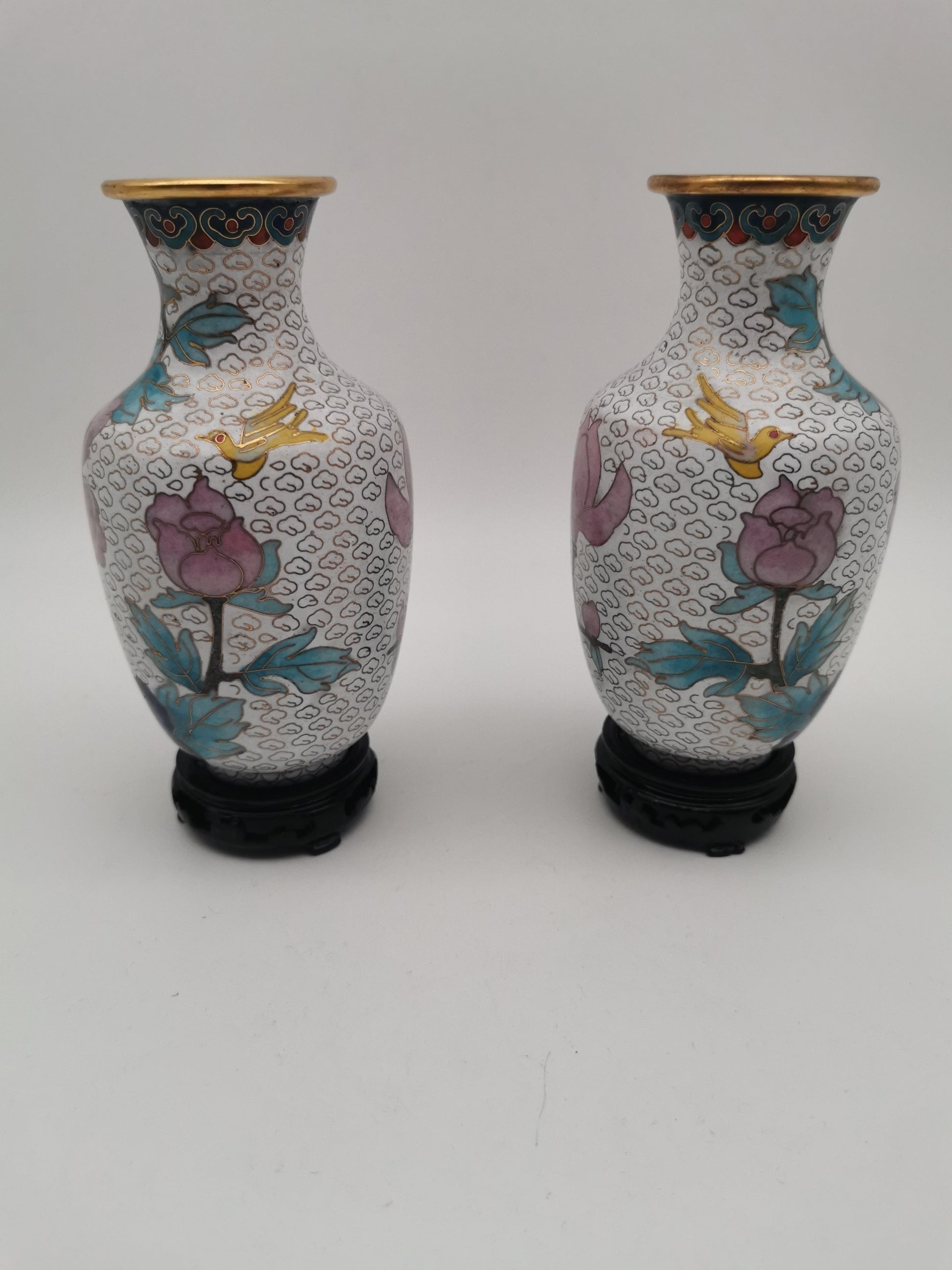 Mirror Pair 15cm Vintage Chinese Cloisonné Vases – Birds, Peonies and Magnolias