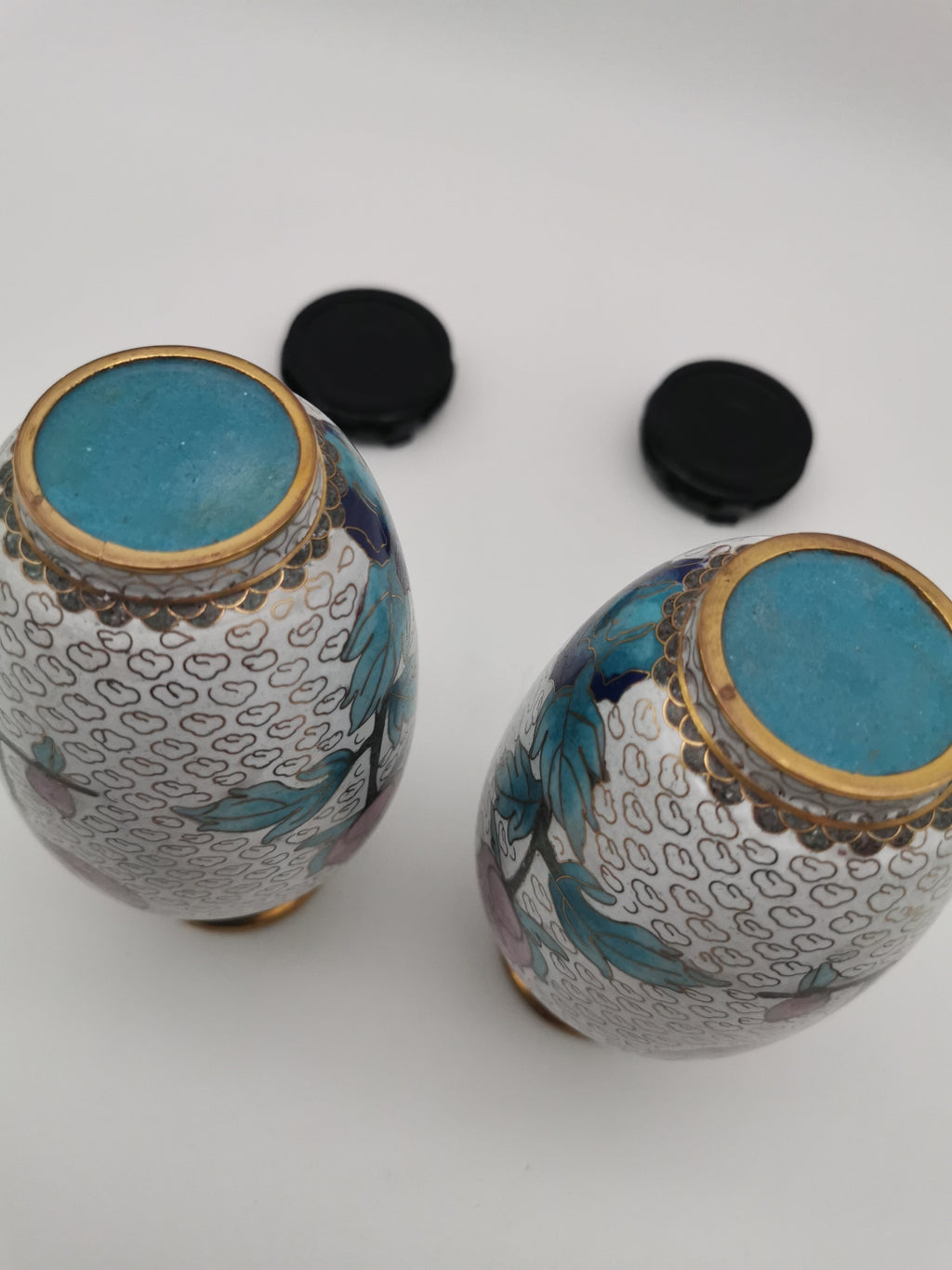 Mirror Pair 15cm Vintage Chinese Cloisonné Vases – Birds, Peonies and Magnolias