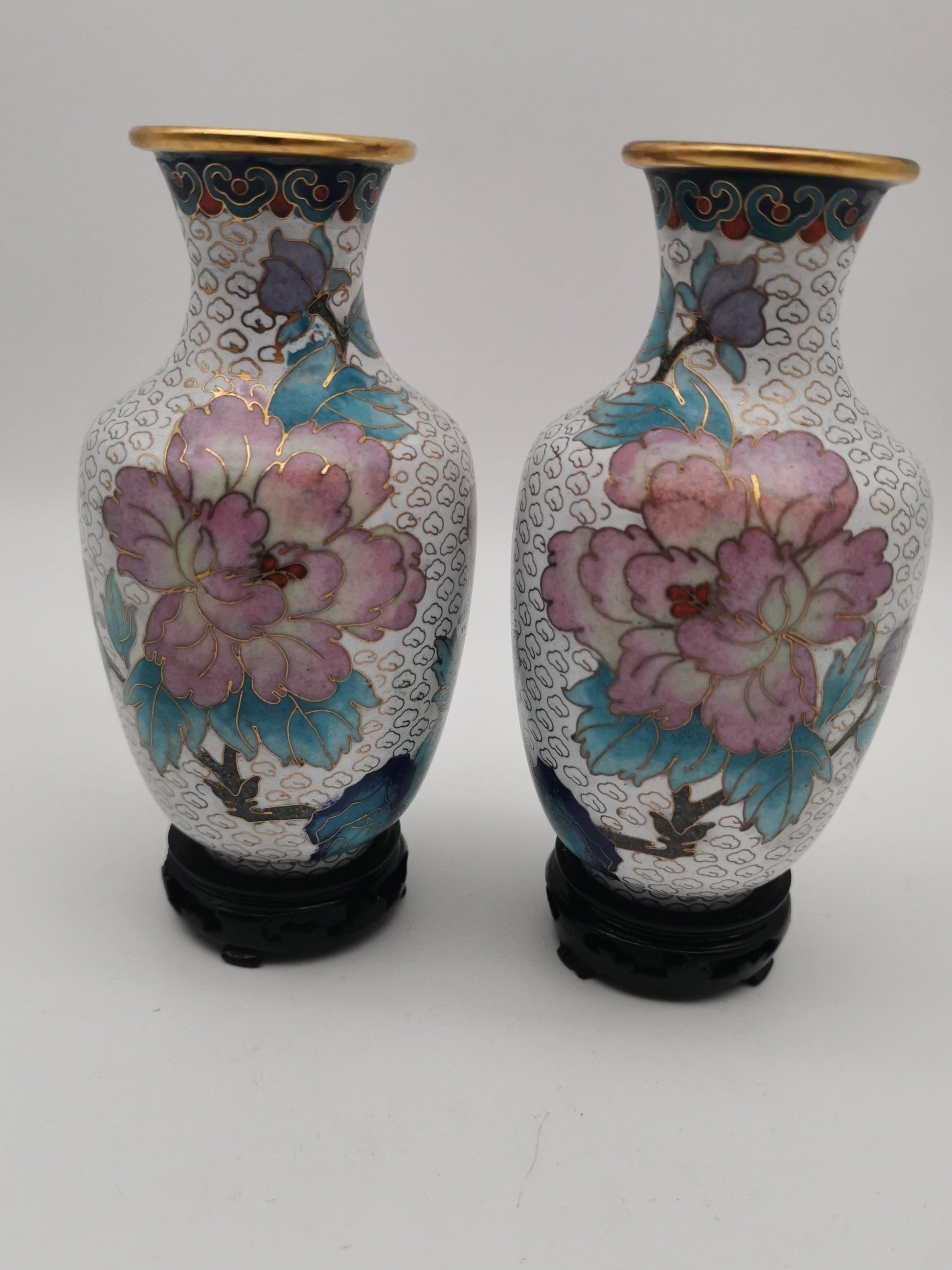 Mirror Pair 15cm Vintage Chinese Cloisonné Vases – Birds, Peonies and Magnolias