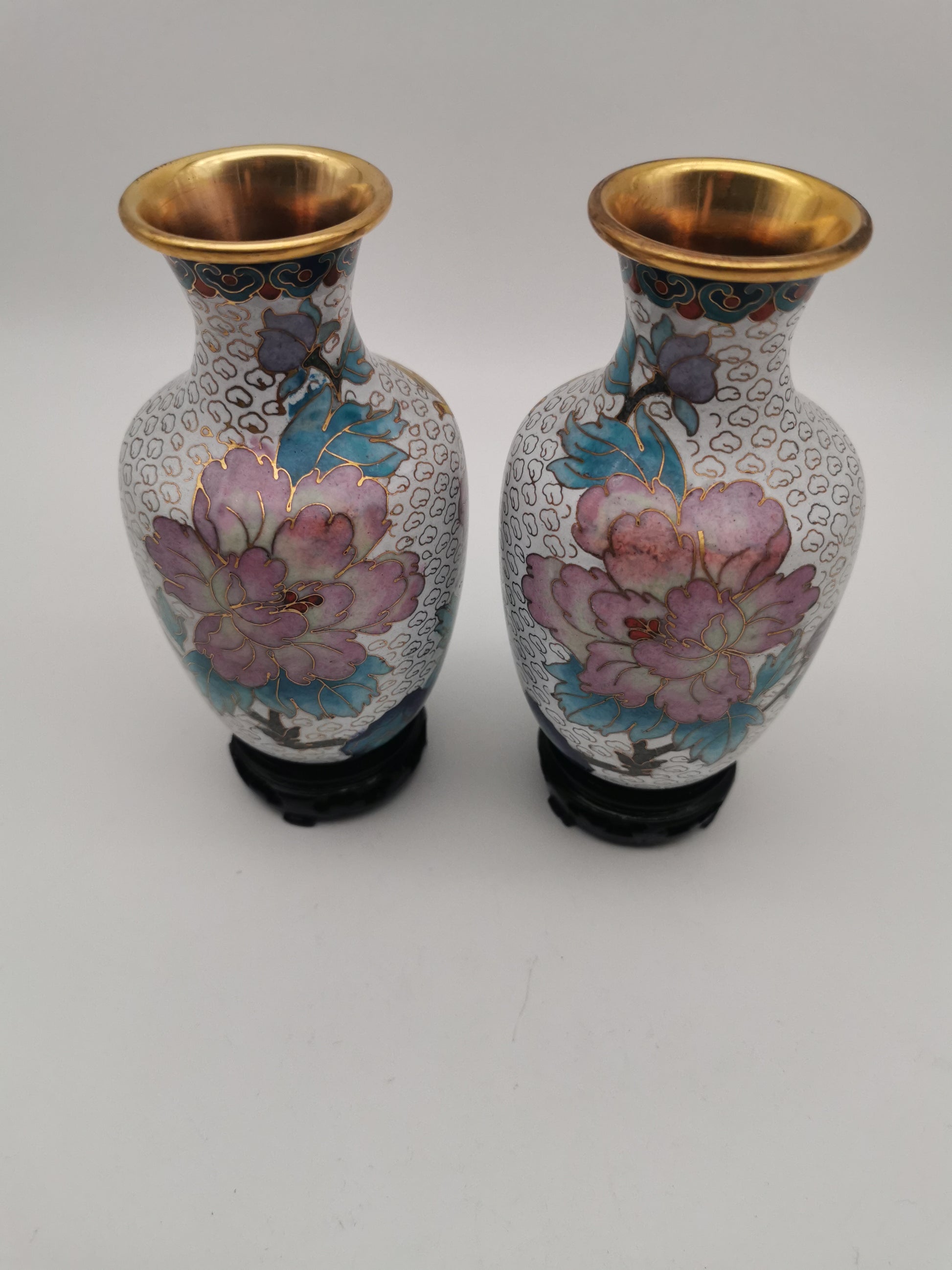 Mirror Pair 15cm Vintage Chinese Cloisonné Vases – Birds, Peonies and Magnolias