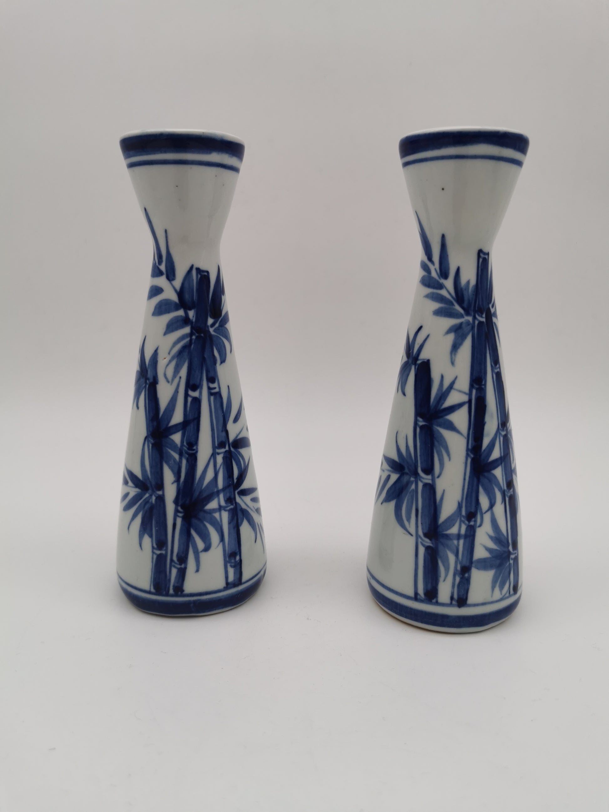 Pair of Vintage Japanese Blue and White Porcelain Tokkuri / Bamboo Bud Vases