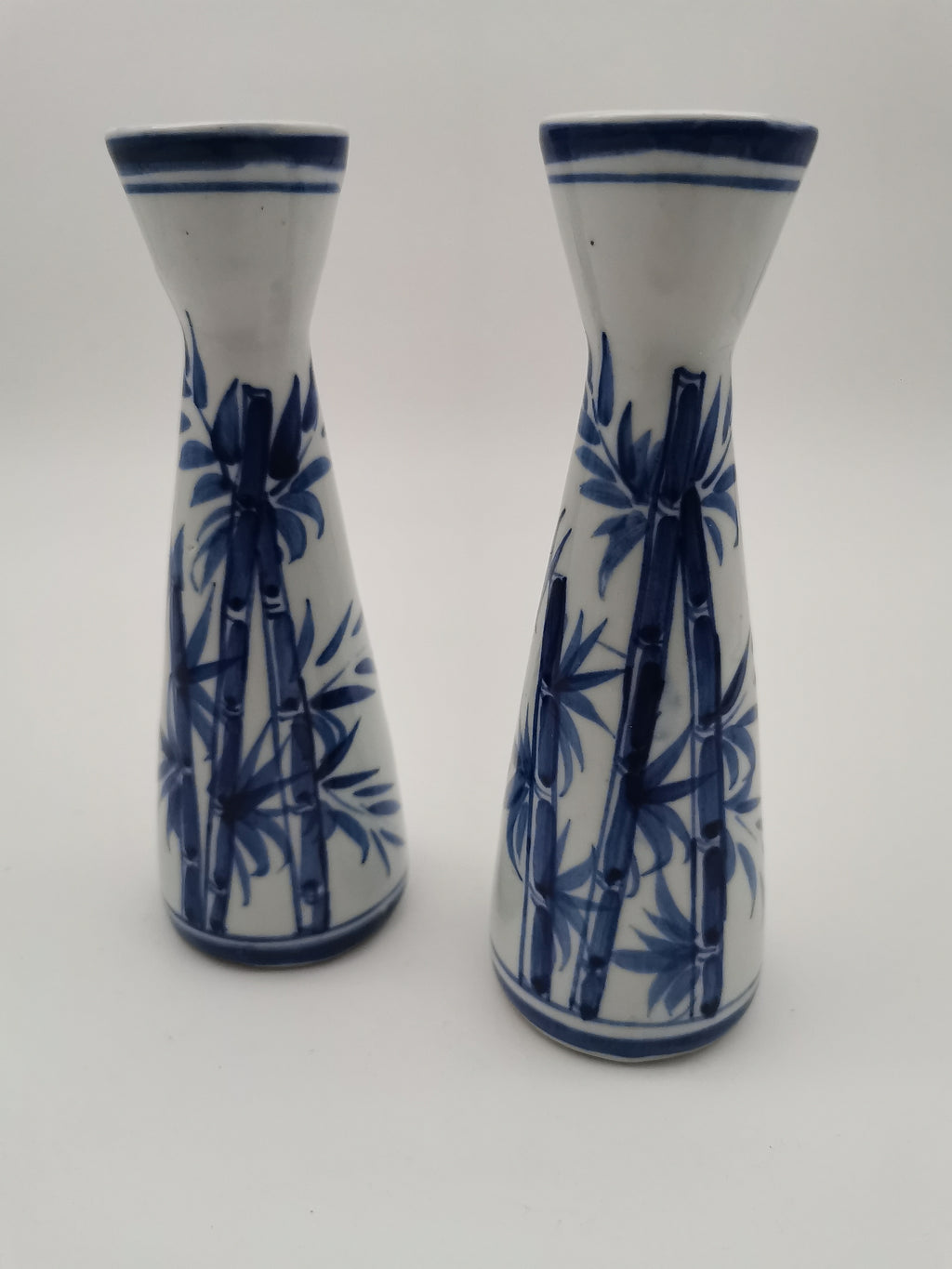 Pair of Vintage Japanese Blue and White Porcelain Tokkuri / Bamboo Bud Vases