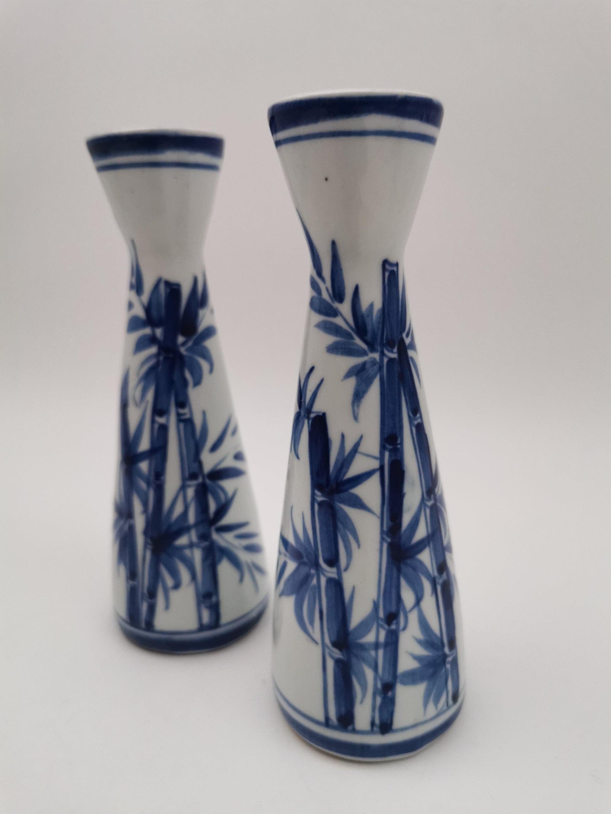 Pair of Vintage Japanese Blue and White Porcelain Tokkuri / Bamboo Bud Vases