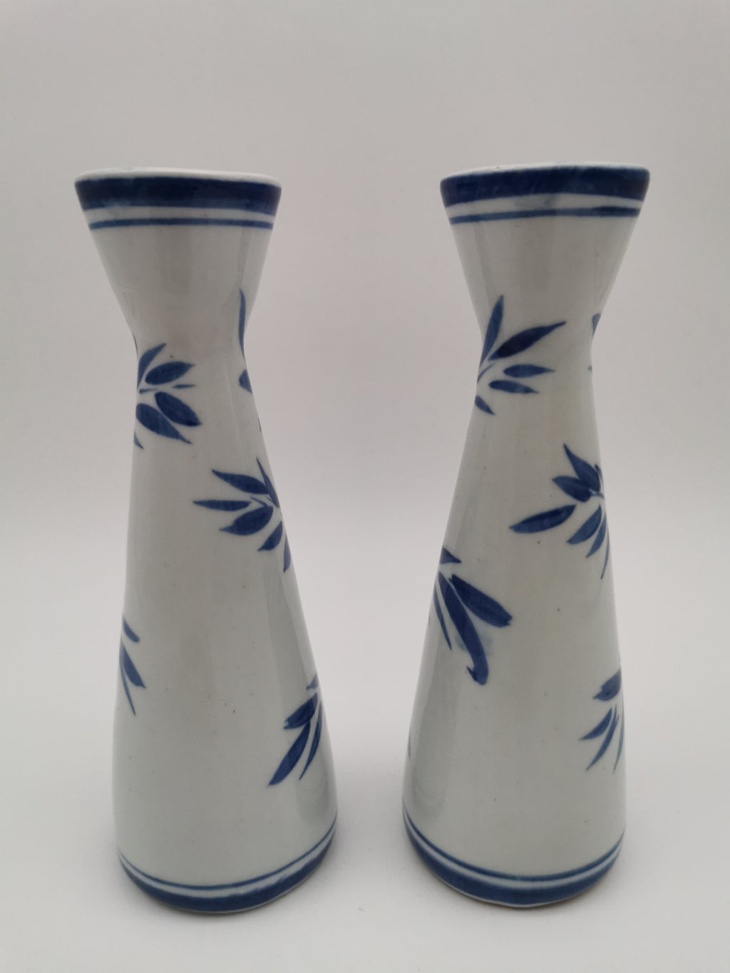 Pair of Vintage Japanese Blue and White Porcelain Tokkuri / Bamboo Bud Vases