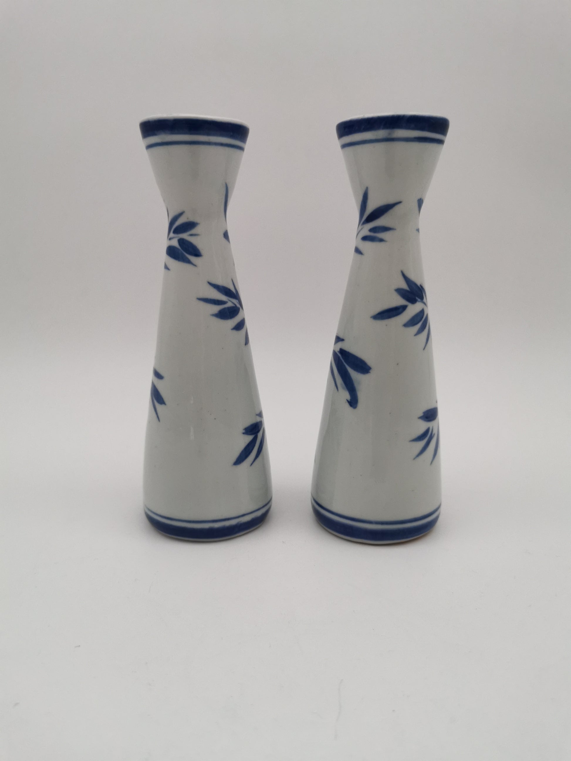 Pair of Vintage Japanese Blue and White Porcelain Tokkuri / Bamboo Bud Vases