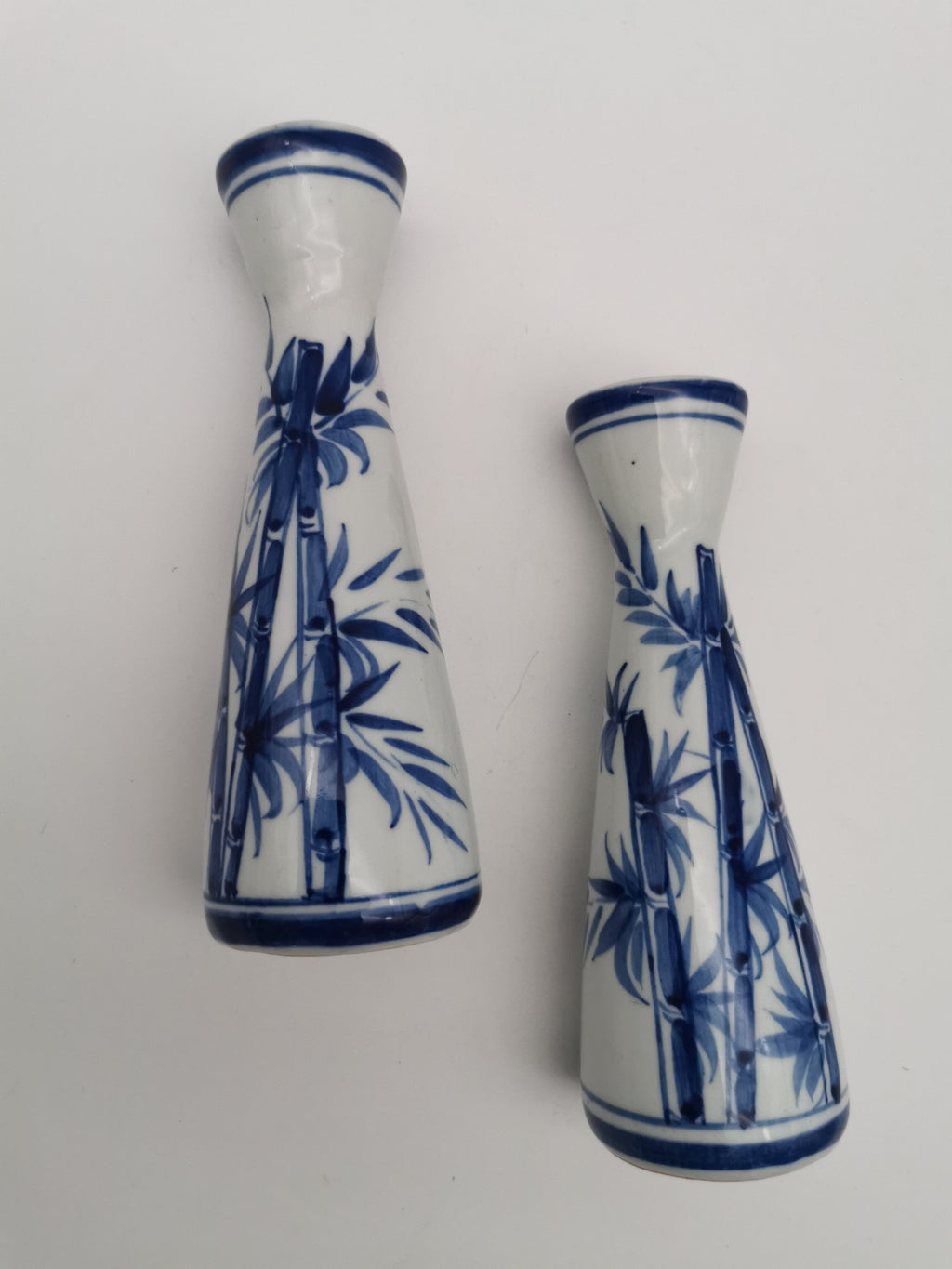 Pair of Vintage Japanese Blue and White Porcelain Tokkuri / Bamboo Bud Vases
