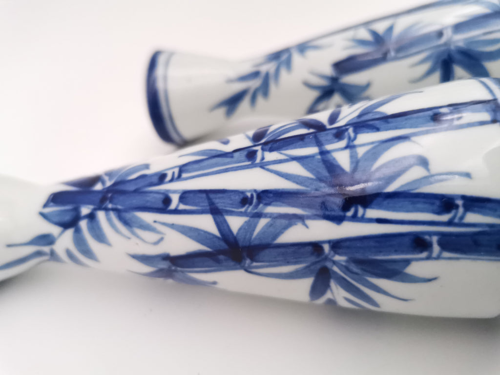 Pair of Vintage Japanese Blue and White Porcelain Tokkuri / Bamboo Bud Vases