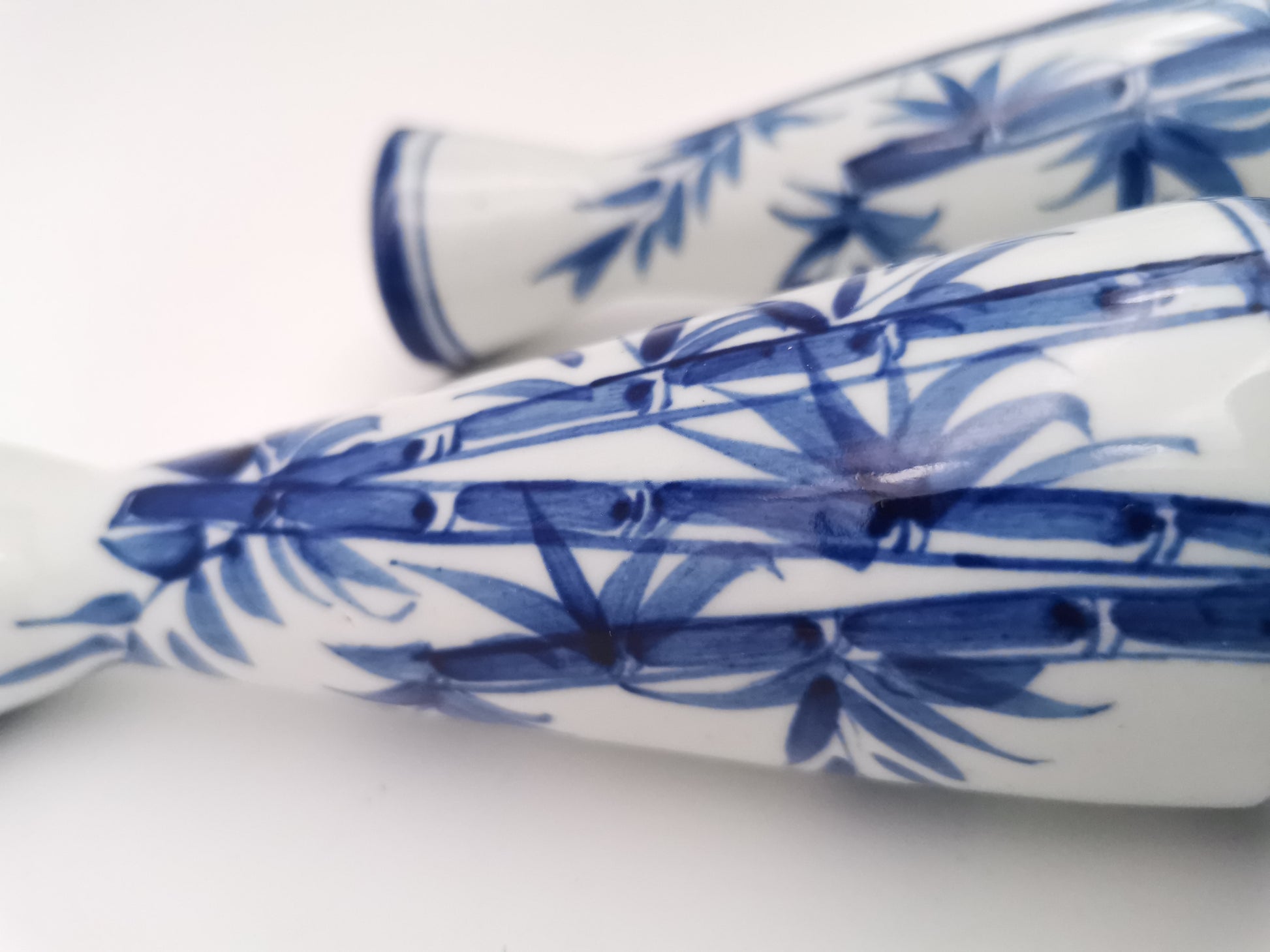Pair of Vintage Japanese Blue and White Porcelain Tokkuri / Bamboo Bud Vases