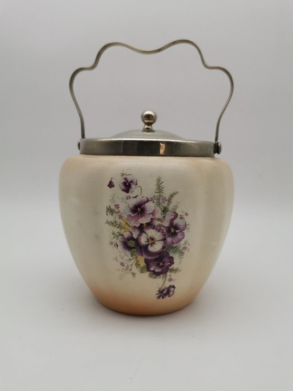 Antique/Vintage Crown Devon Biscuit Barrel, Hand-Painted Purple Pansies, S. Fielding & Co