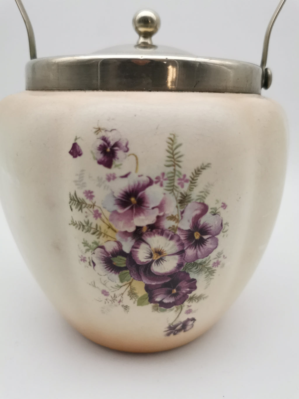 Antique/Vintage Crown Devon Biscuit Barrel, Hand-Painted Purple Pansies, S. Fielding & Co