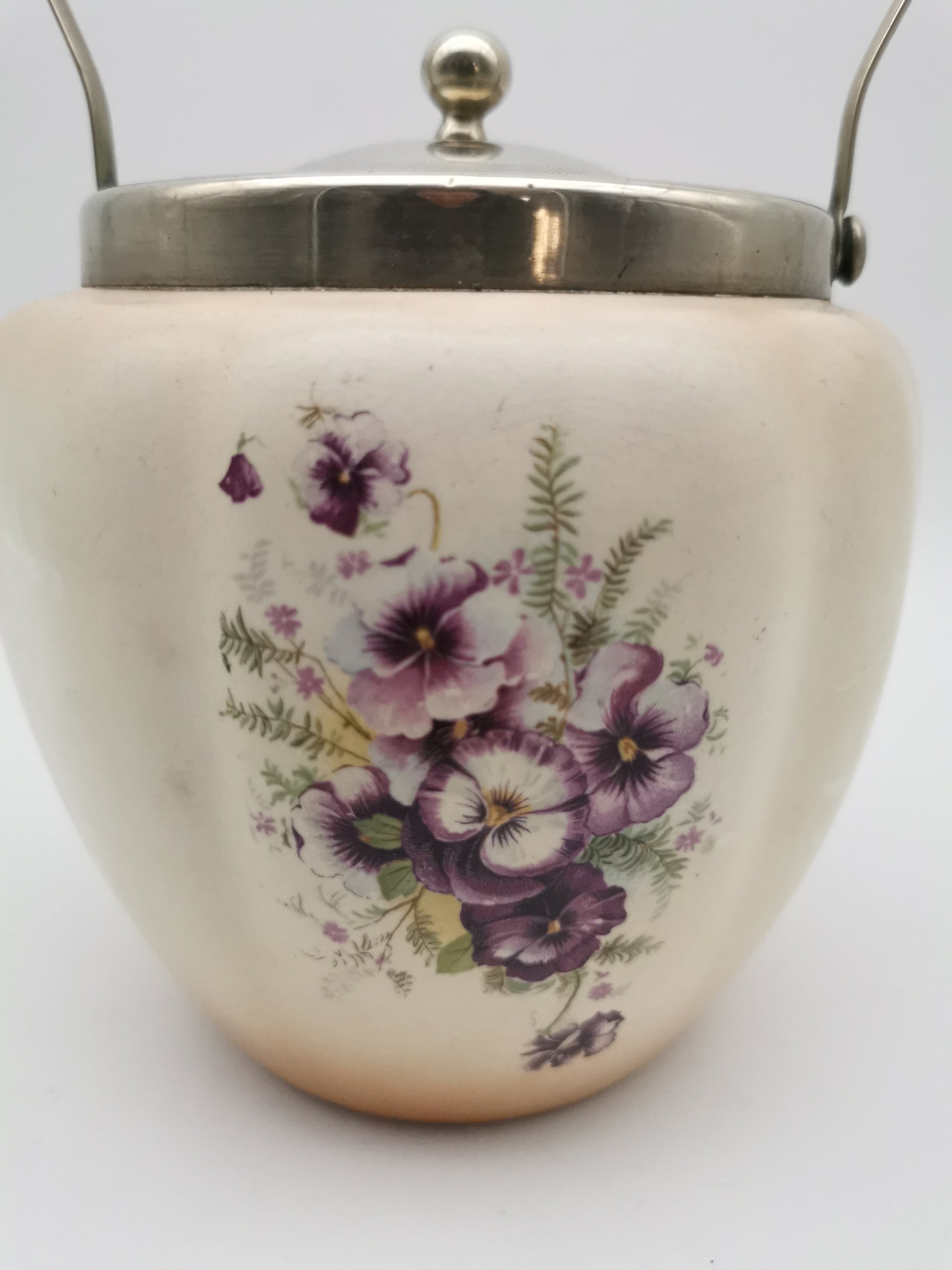 Antique/Vintage Crown Devon Biscuit Barrel, Hand-Painted Purple Pansies, S. Fielding & Co