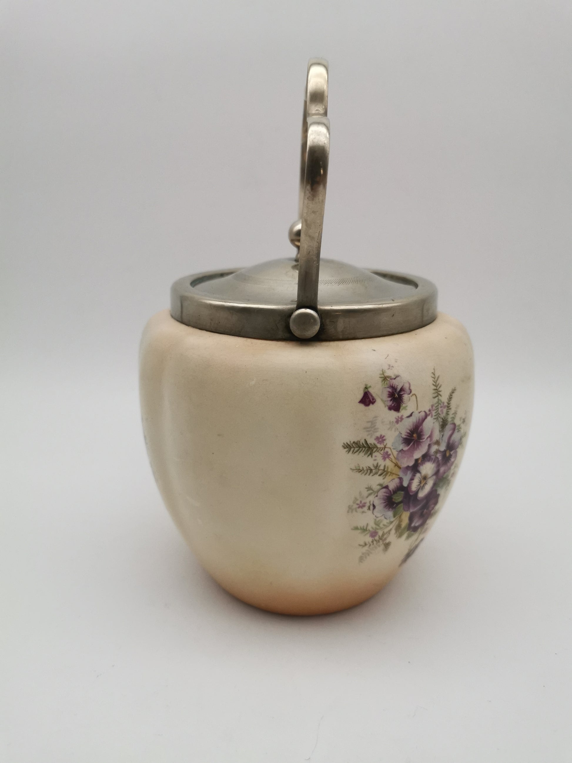 Antique/Vintage Crown Devon Biscuit Barrel, Hand-Painted Purple Pansies, S. Fielding & Co
