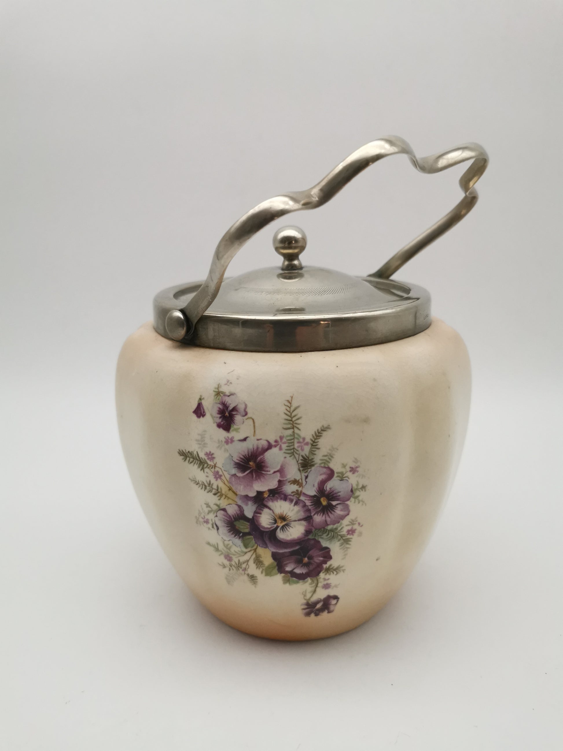 Antique/Vintage Crown Devon Biscuit Barrel, Hand-Painted Purple Pansies, S. Fielding & Co