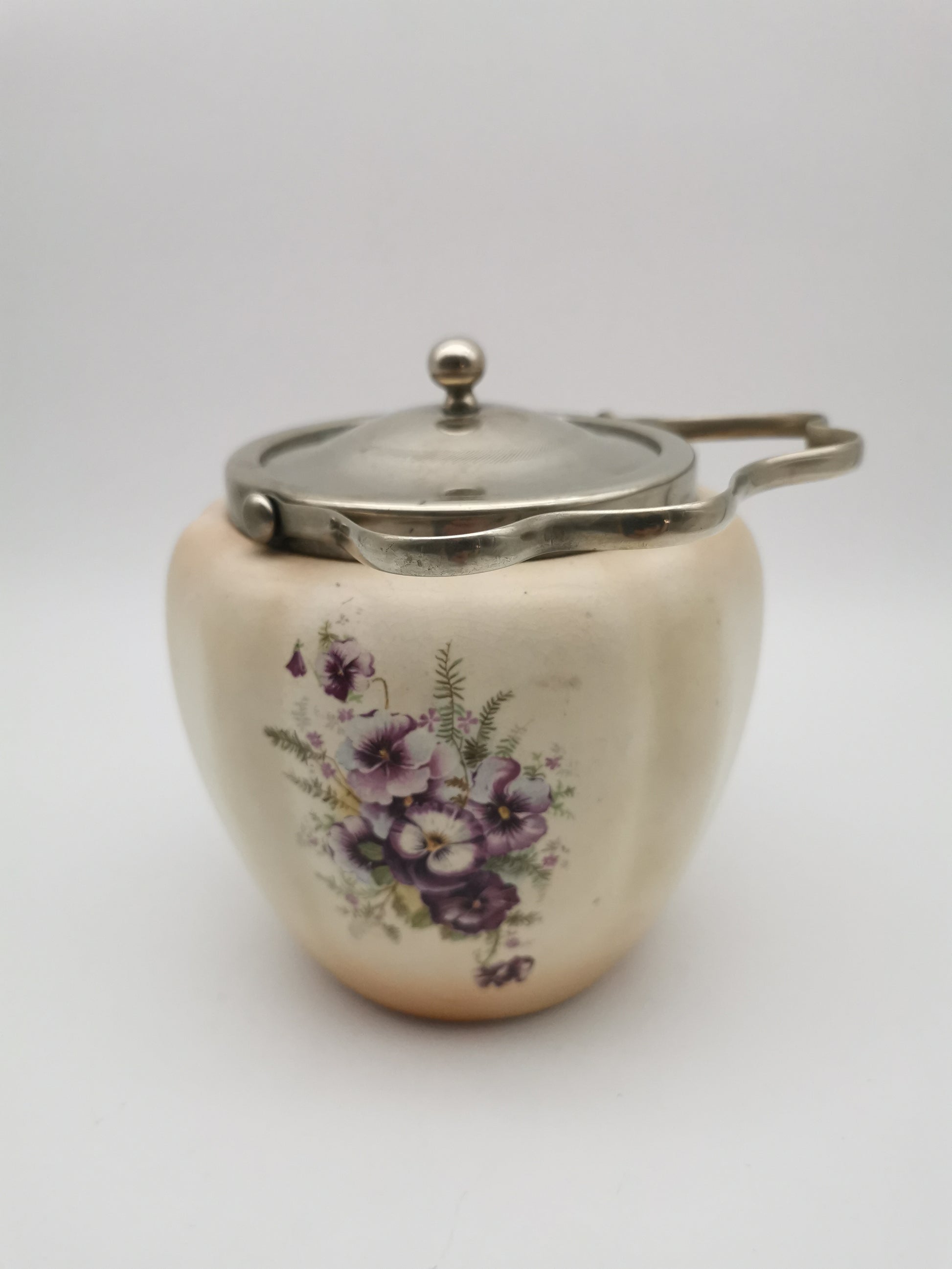 Antique/Vintage Crown Devon Biscuit Barrel, Hand-Painted Purple Pansies, S. Fielding & Co