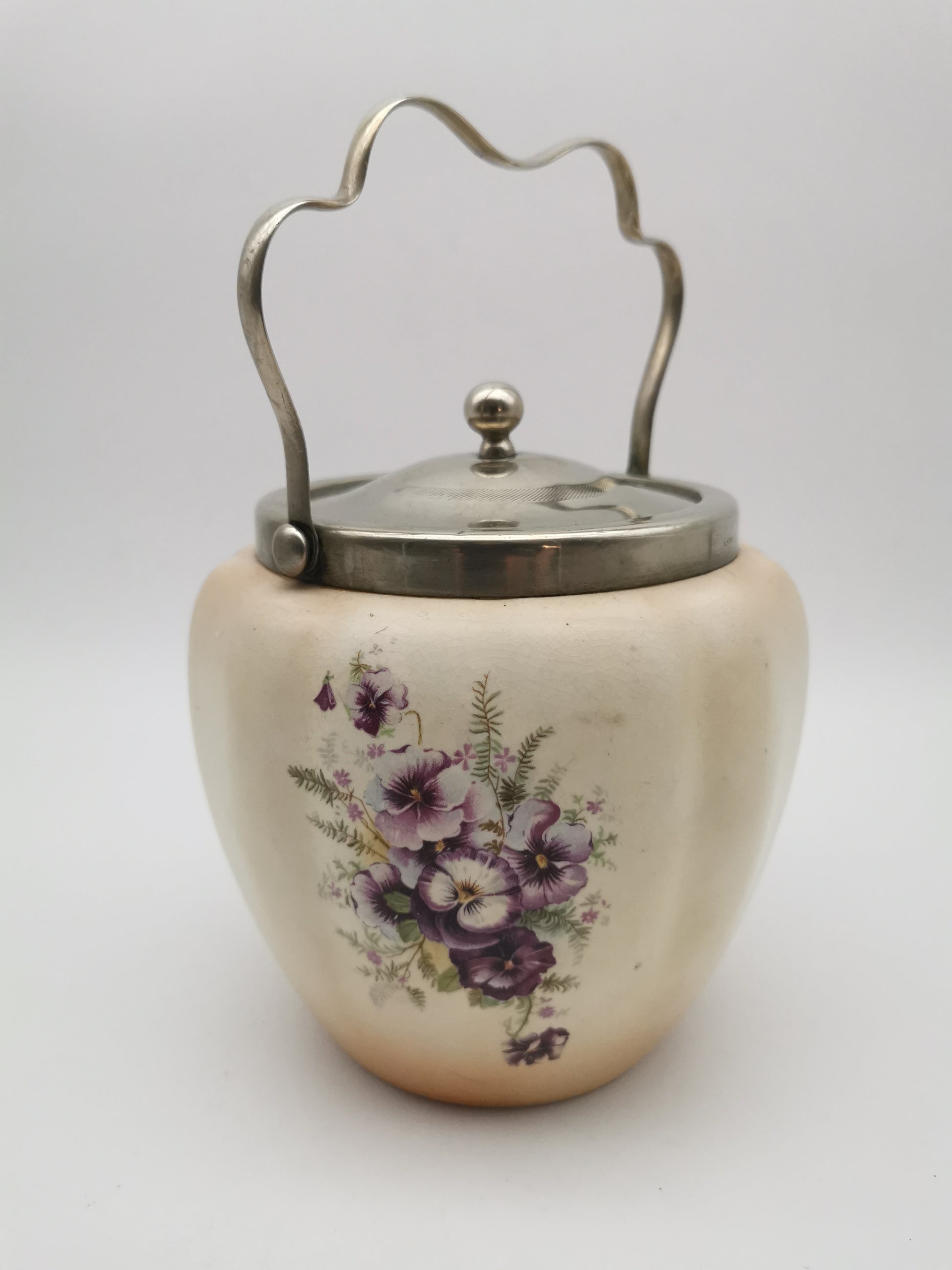 Antique/Vintage Crown Devon Biscuit Barrel, Hand-Painted Purple Pansies, S. Fielding & Co