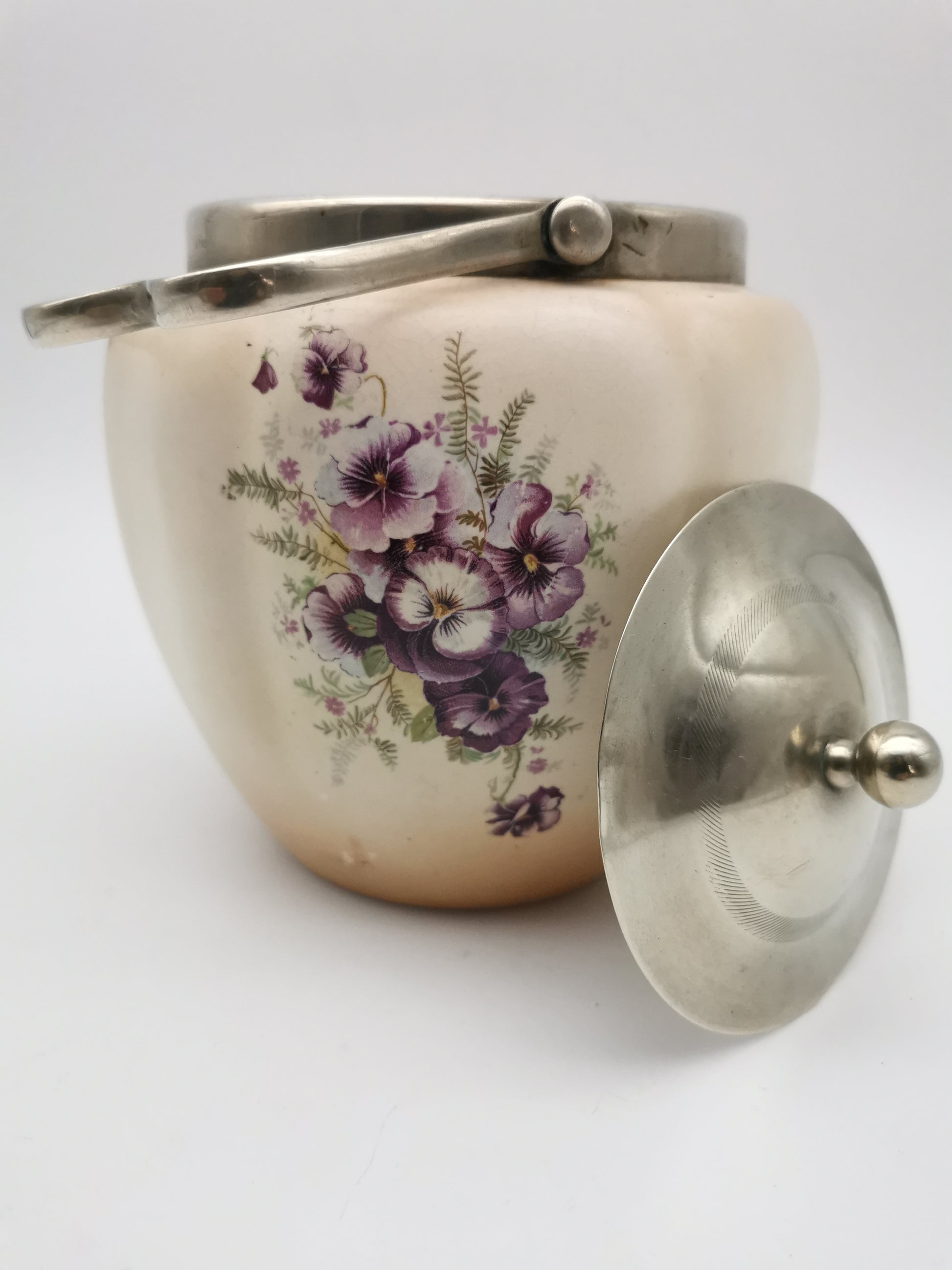 Antique/Vintage Crown Devon Biscuit Barrel, Hand-Painted Purple Pansies, S. Fielding & Co