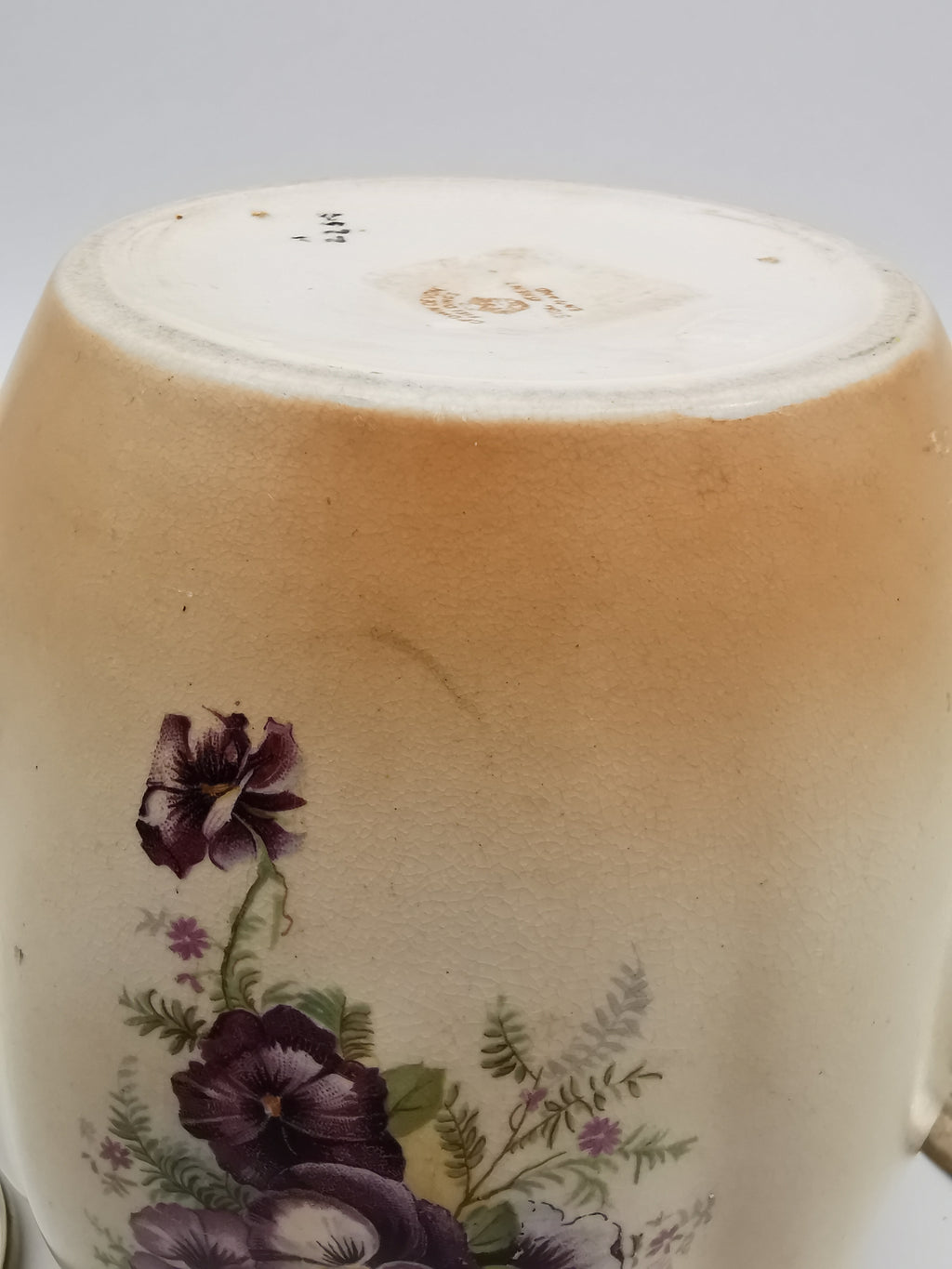 Antique/Vintage Crown Devon Biscuit Barrel, Hand-Painted Purple Pansies, S. Fielding & Co