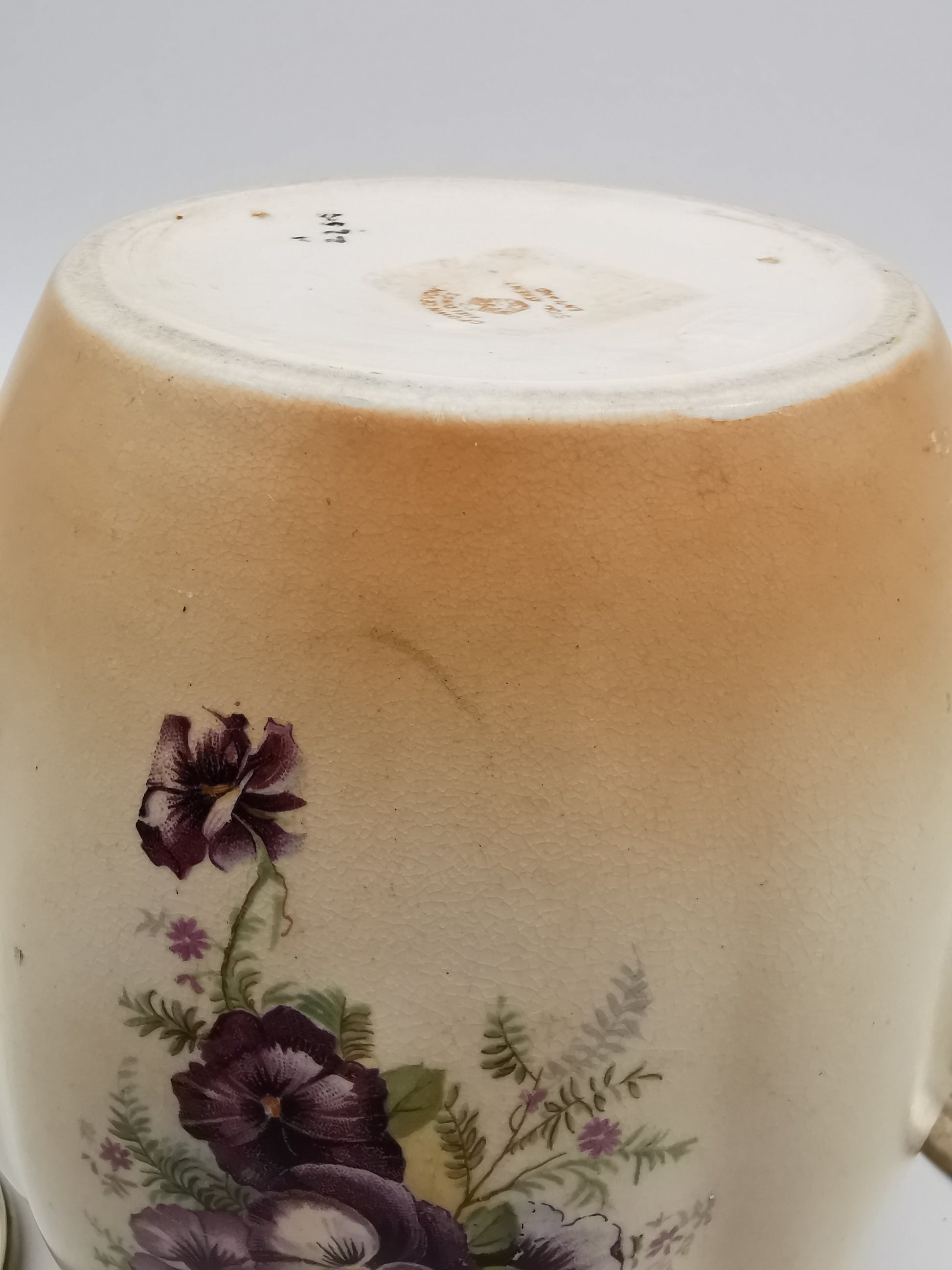 Antique/Vintage Crown Devon Biscuit Barrel, Hand-Painted Purple Pansies, S. Fielding & Co