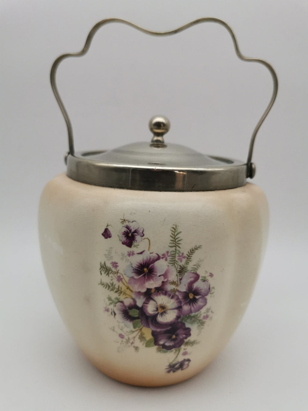 Antique/Vintage Crown Devon Biscuit Barrel, Hand-Painted Purple Pansies, S. Fielding & Co