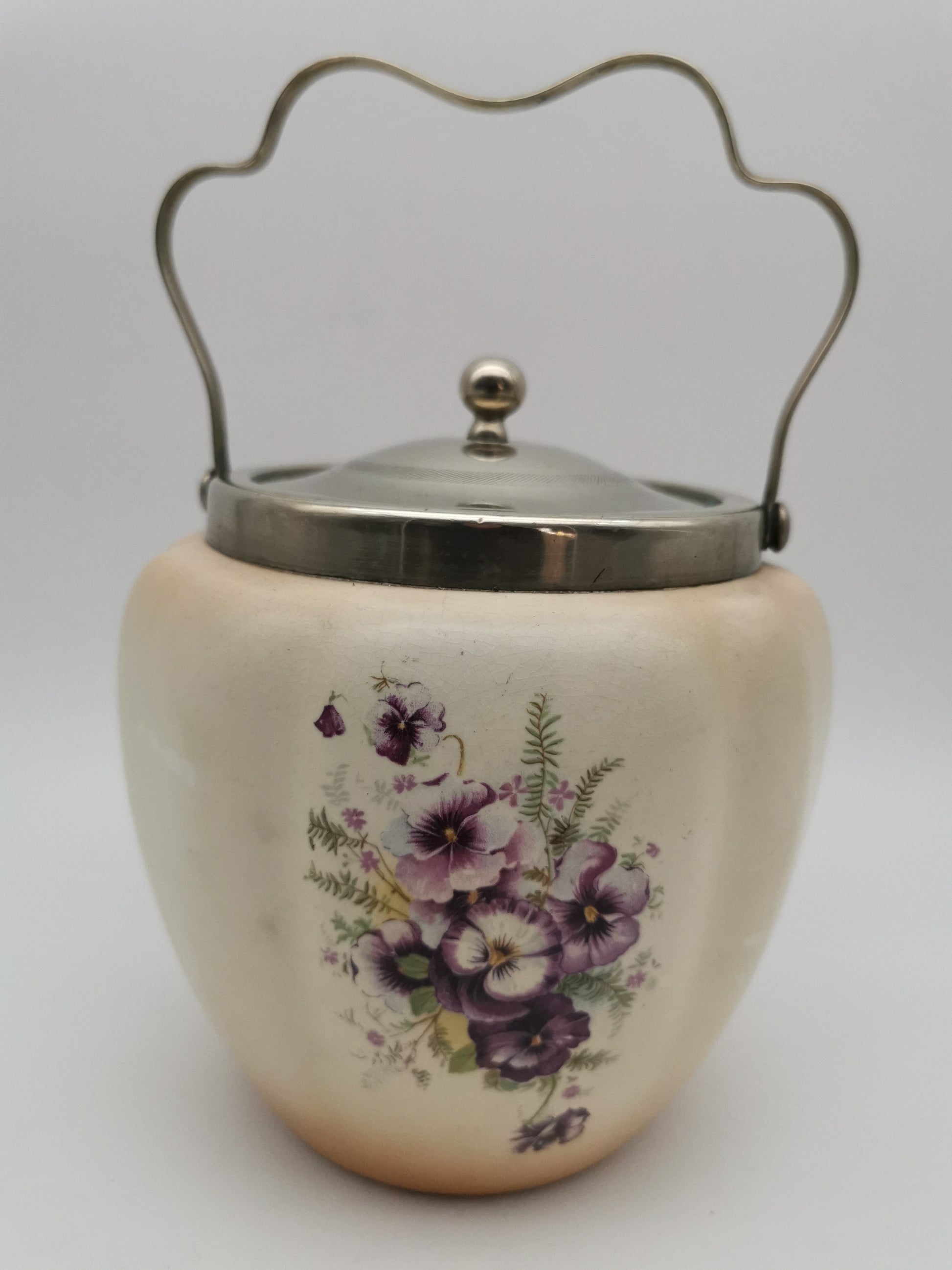 Antique/Vintage Crown Devon Biscuit Barrel, Hand-Painted Purple Pansies, S. Fielding & Co